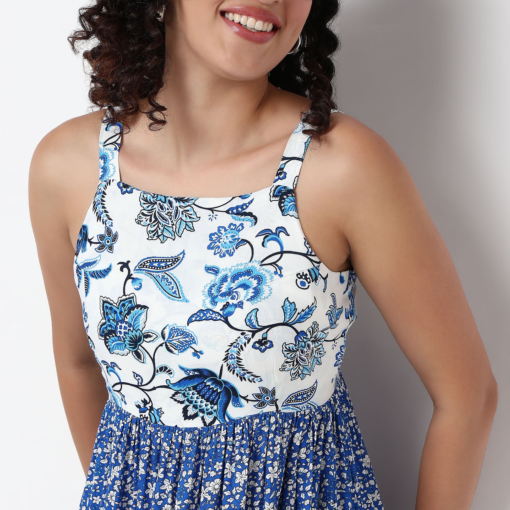 Printed Square Neck Flared Strapy Tiered Dress