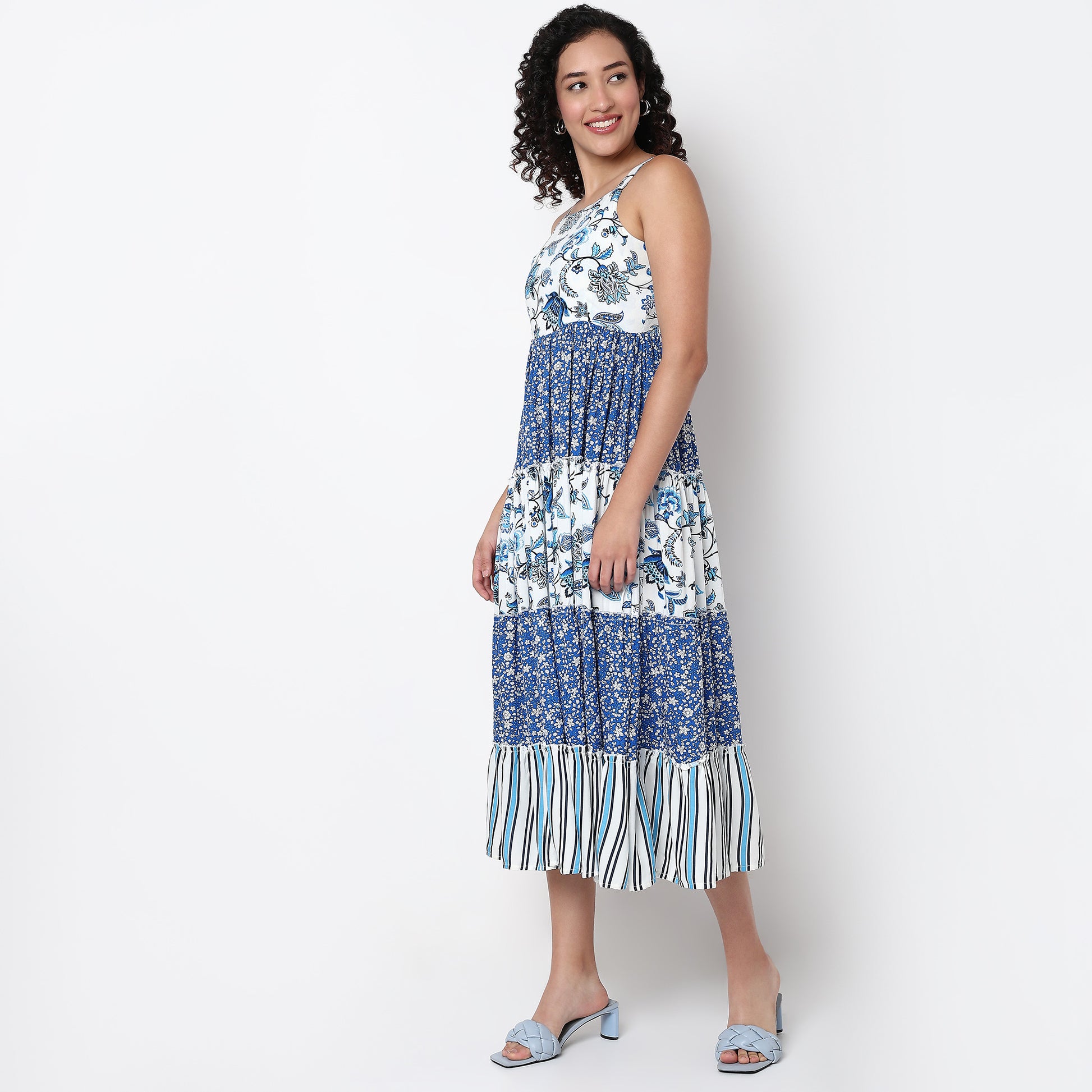 Printed Square Neck Flared Strapy Tiered Dress