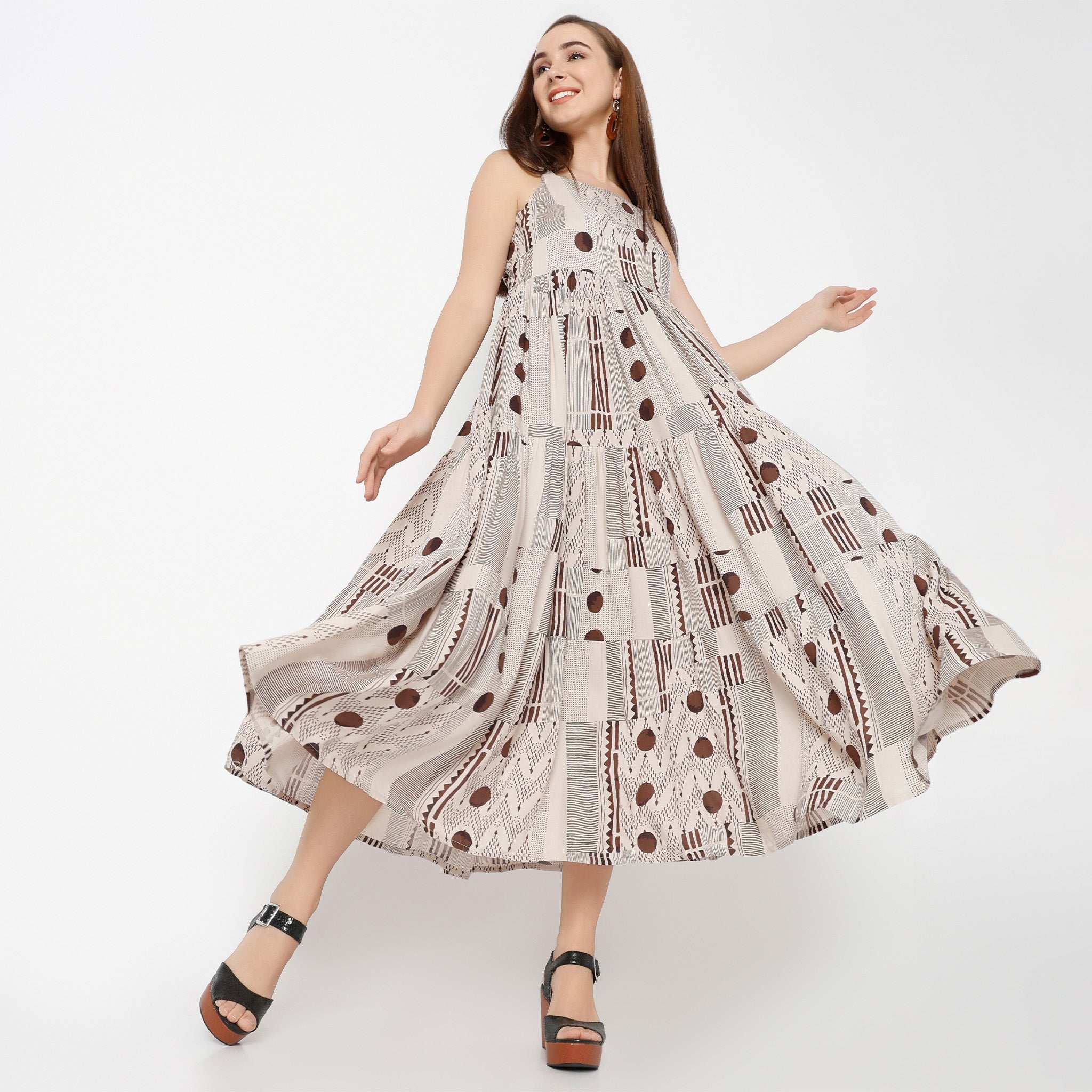 Flare Fit Printed Square Neck Dress