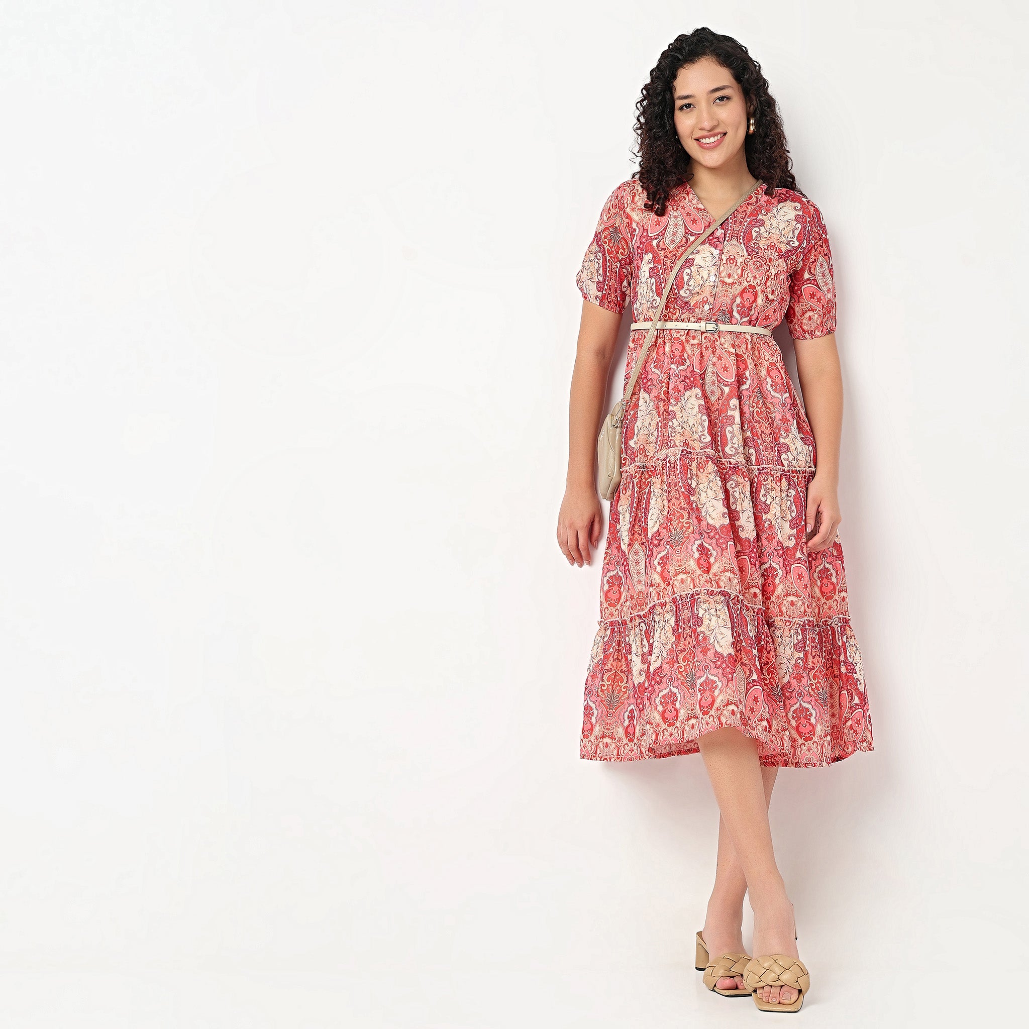 Belted Tiered V-Neck Dress