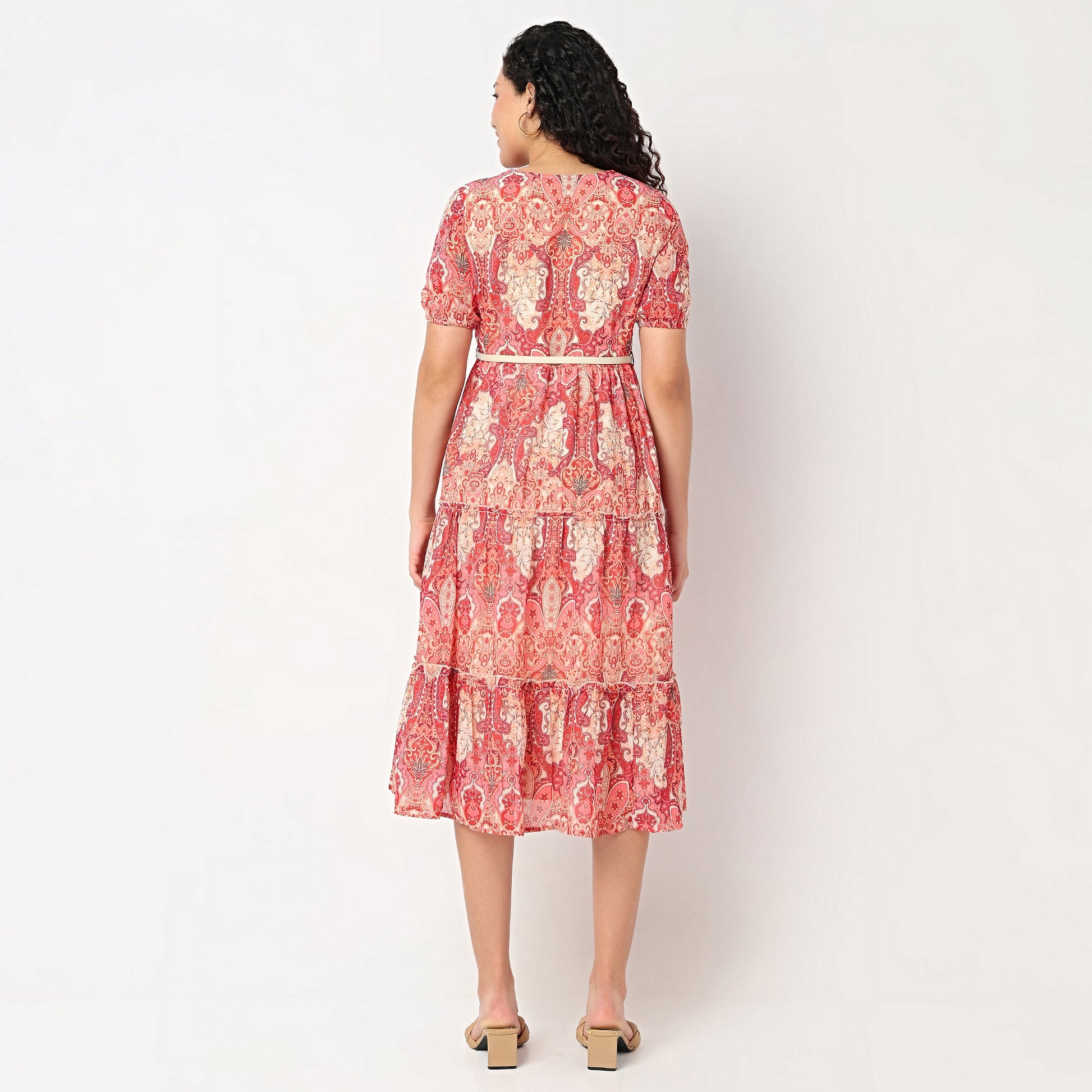 Belted Tiered V-Neck Dress