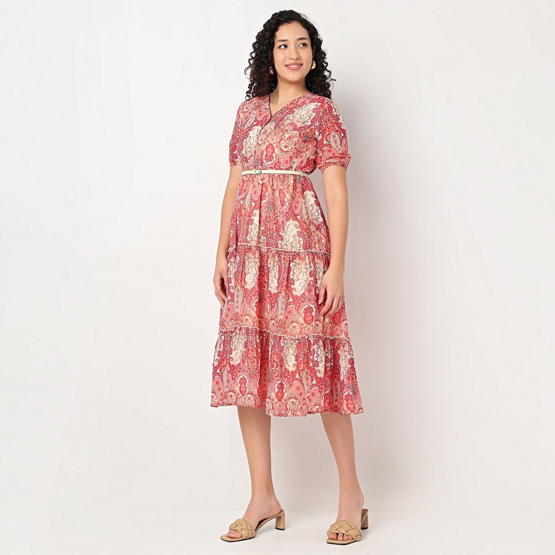 Belted Tiered V-Neck Dress