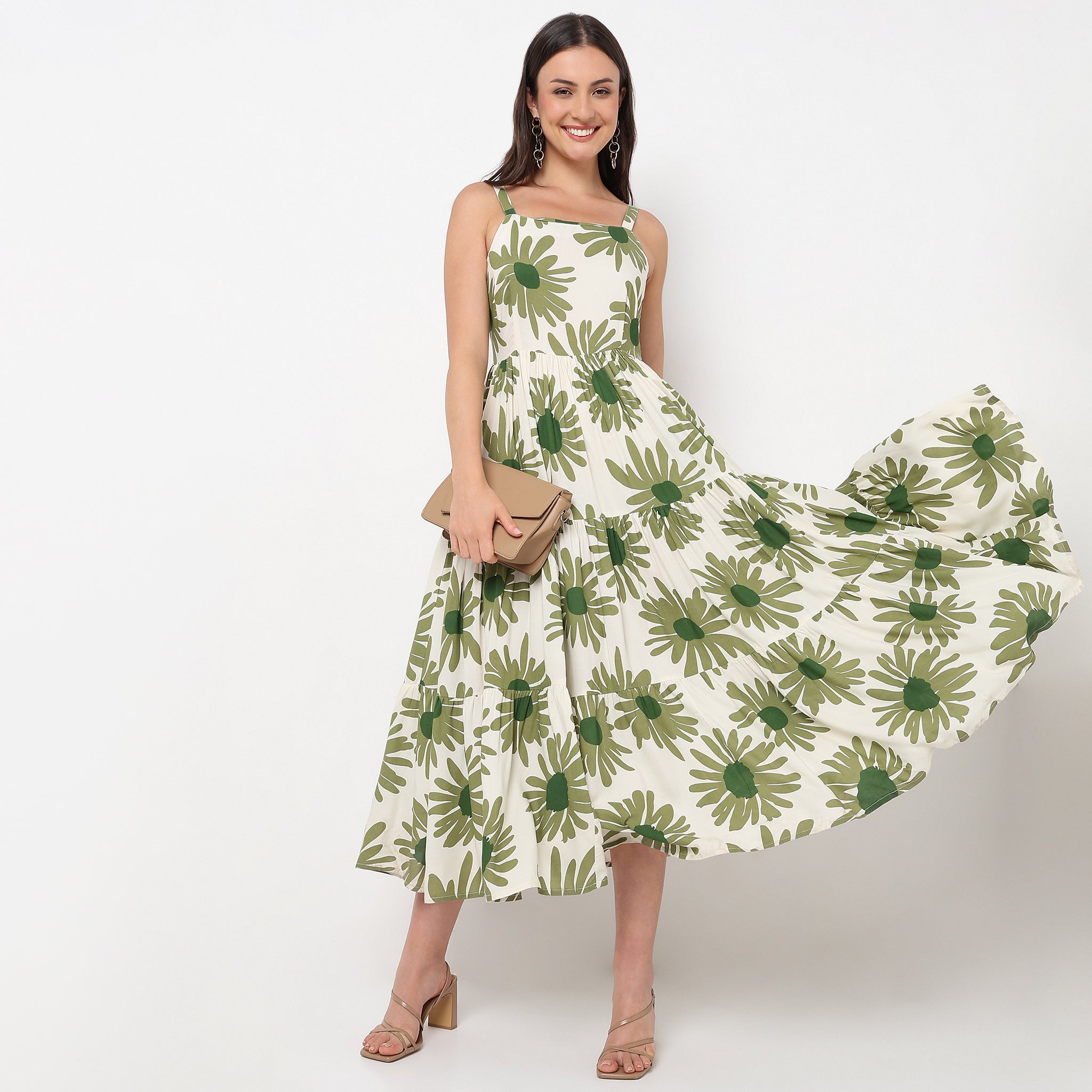 Abstract Square Neck Sleeveless Tiered Dress