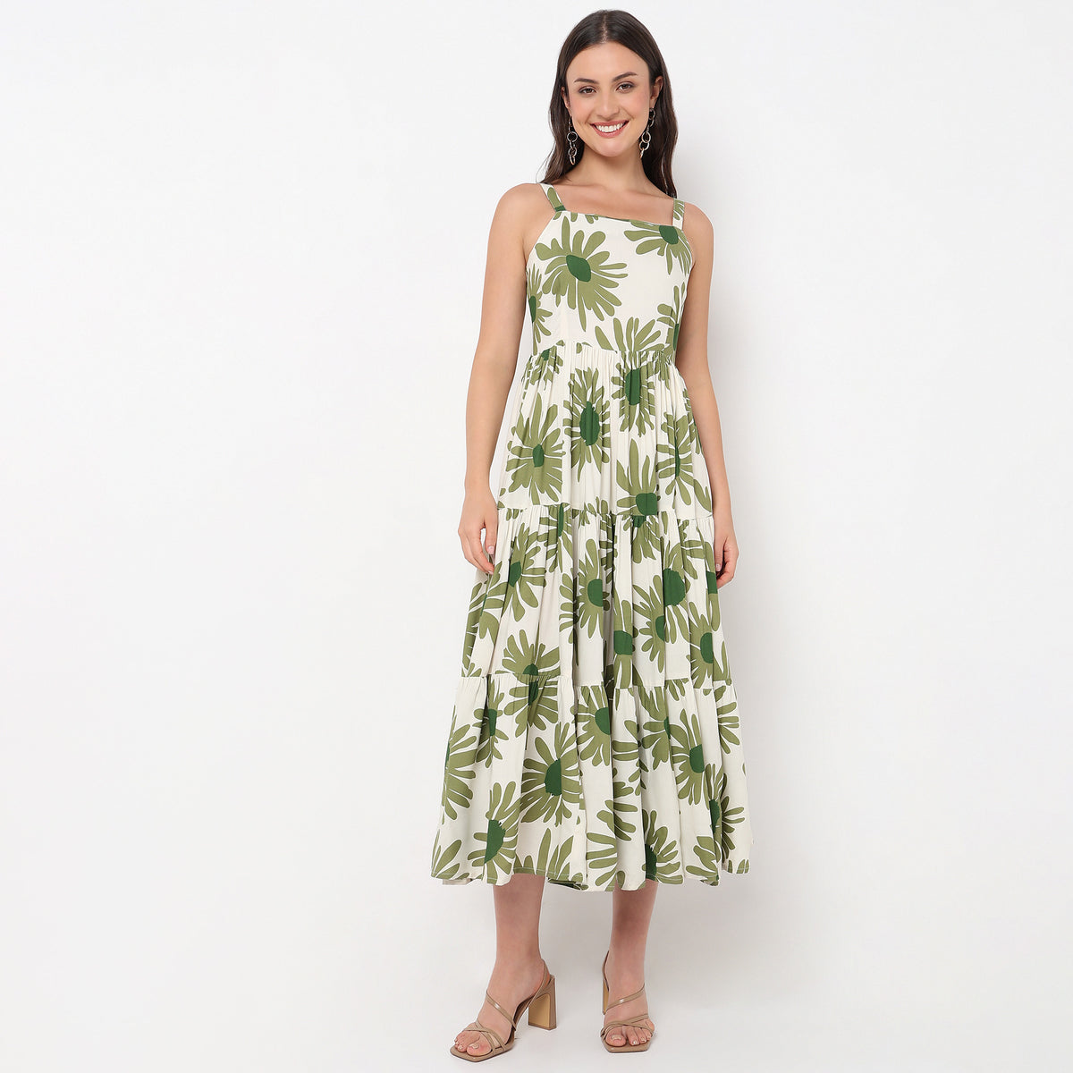 Abstract Square Neck Sleeveless Tiered Dress