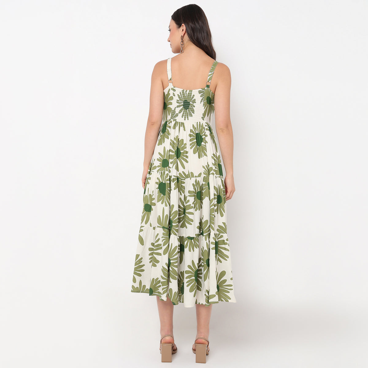 Abstract Square Neck Sleeveless Tiered Dress