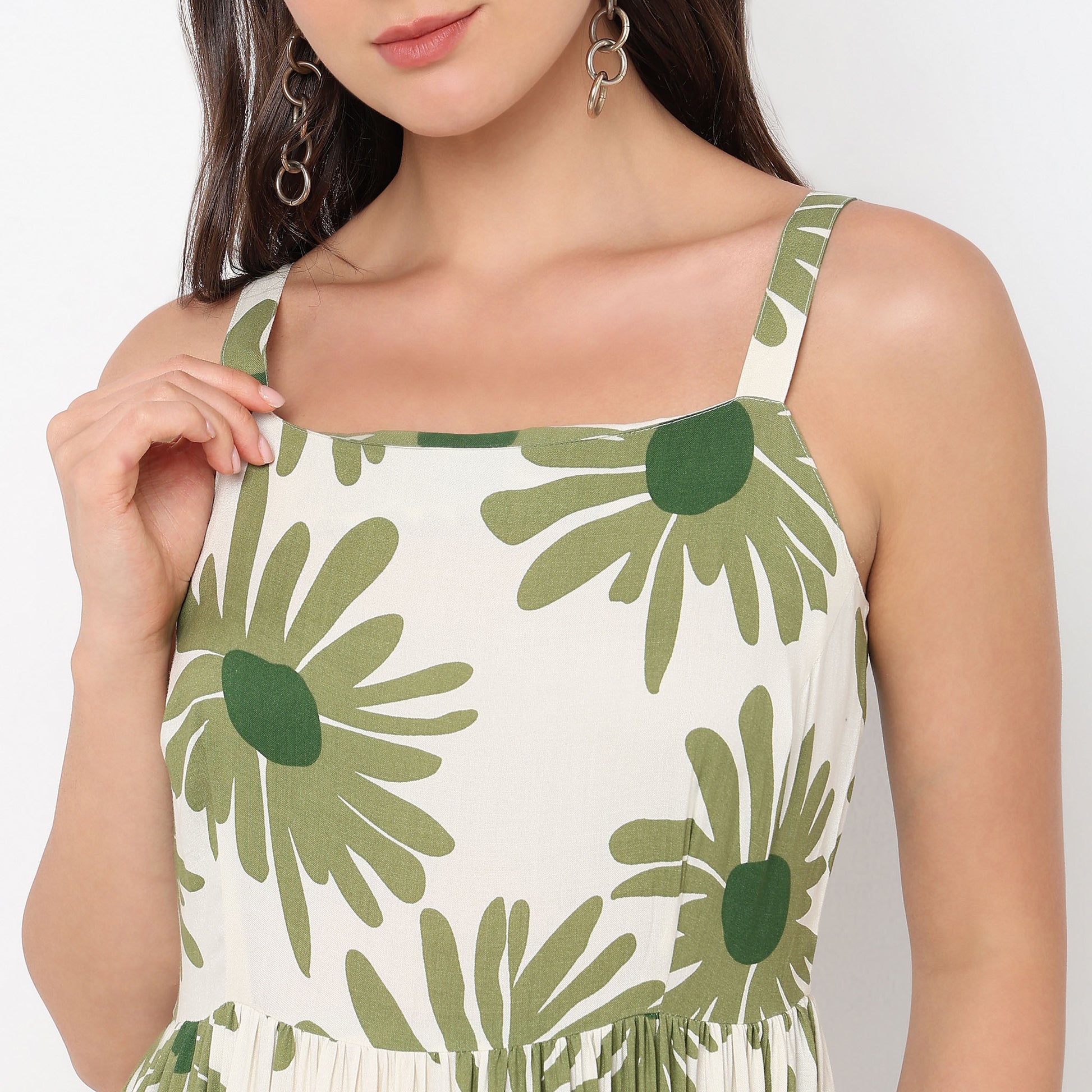 Abstract Square Neck Sleeveless Tiered Dress