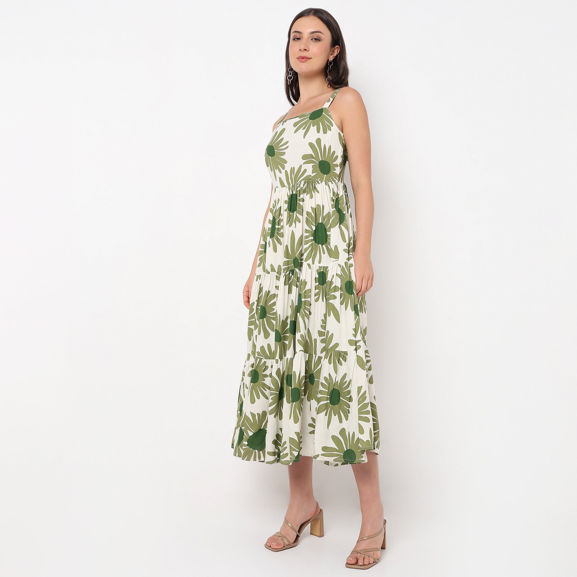 Abstract Square Neck Sleeveless Tiered Dress