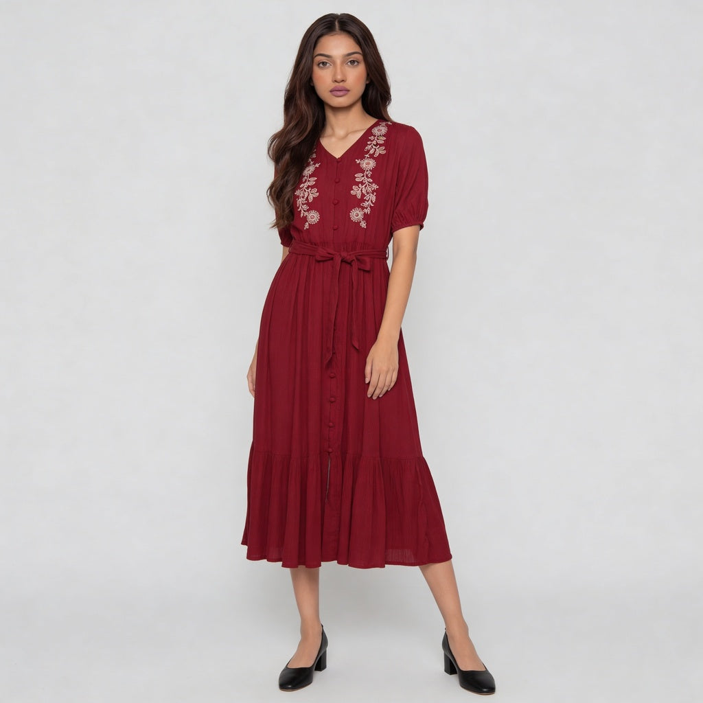 V-Neck Embroidered Dress