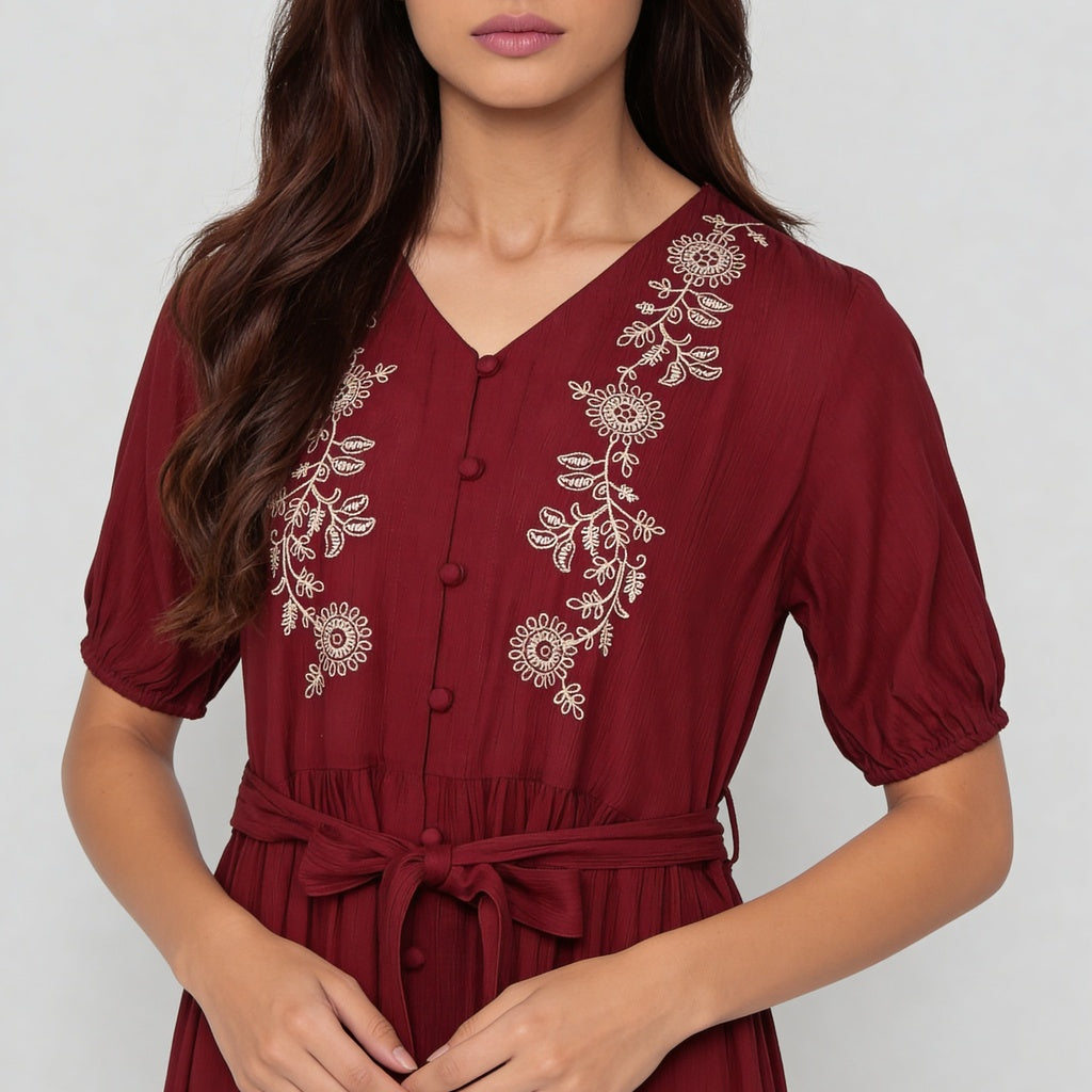 V-Neck Embroidered Dress