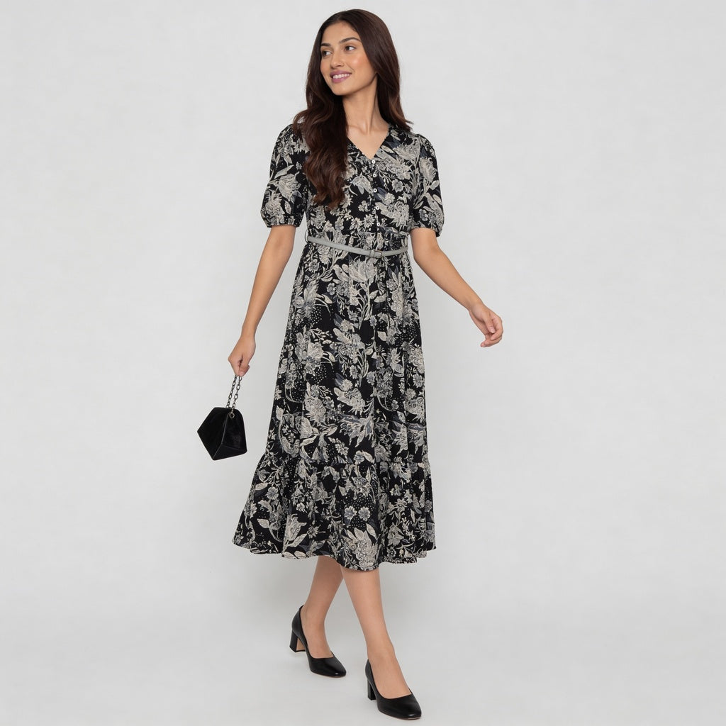 V-Neck Printed Tiered Dress