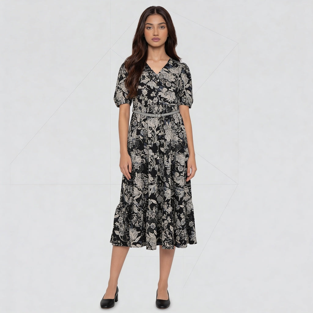 V-Neck Printed Tiered Dress