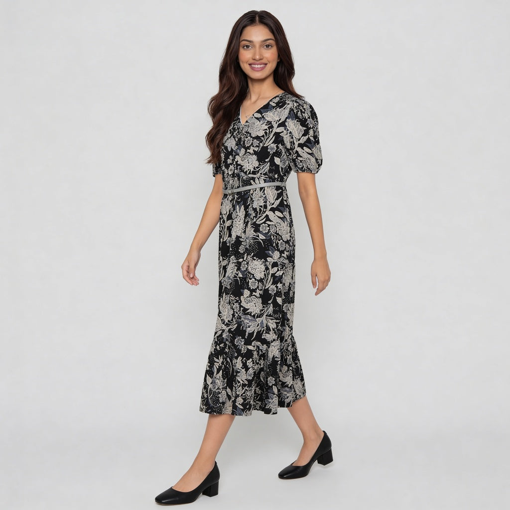 V-Neck Printed Tiered Dress