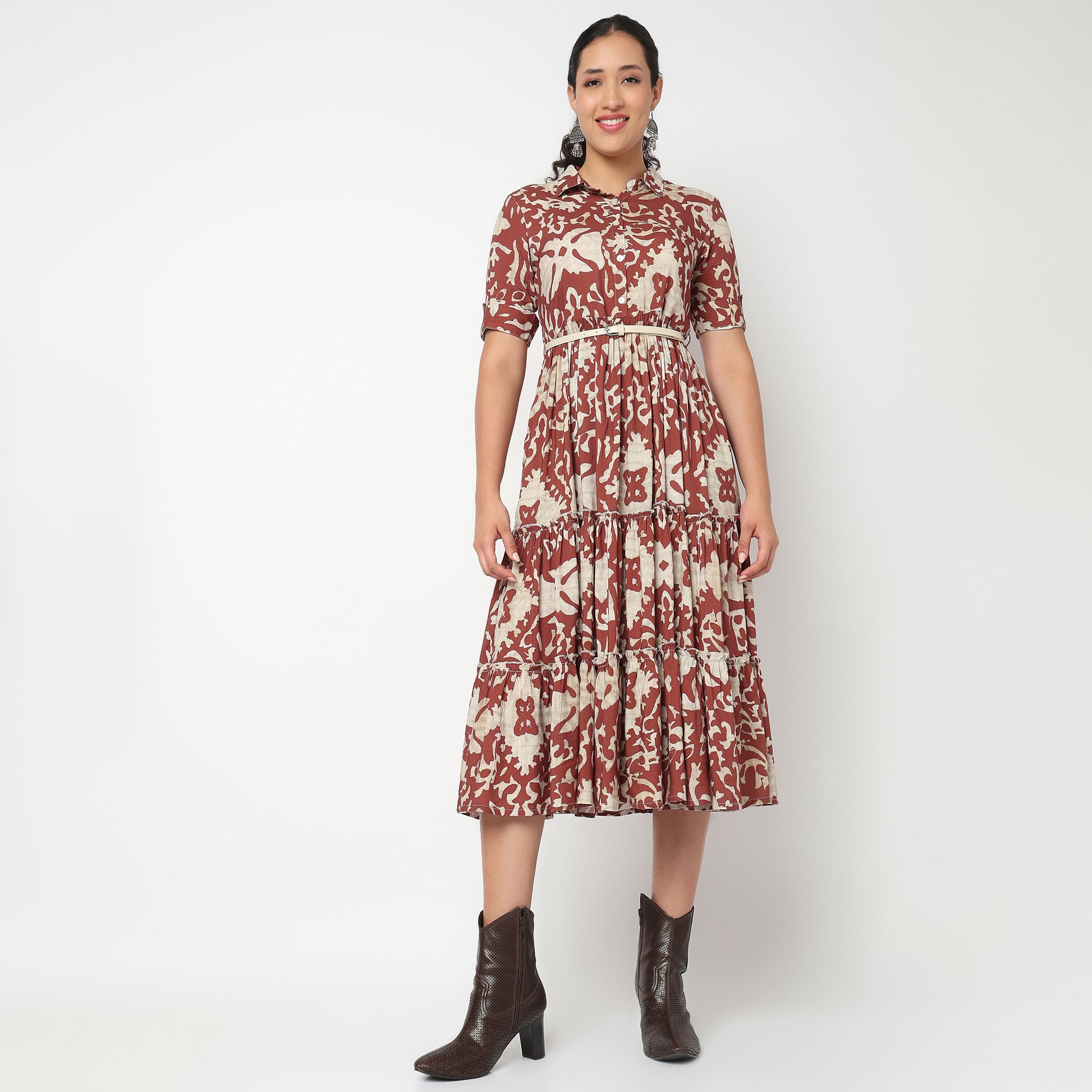 Camp Collar Tiered Floral Dress with Belt