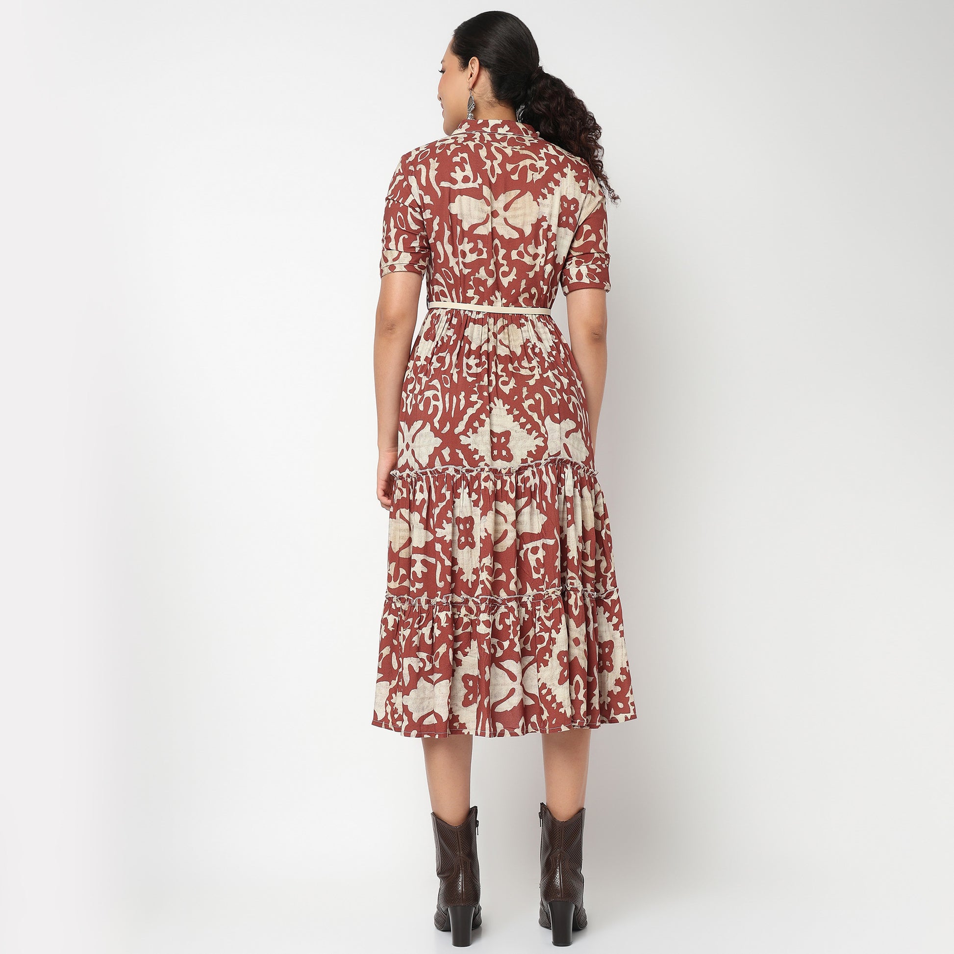 Camp Collar Tiered Floral Dress with Belt