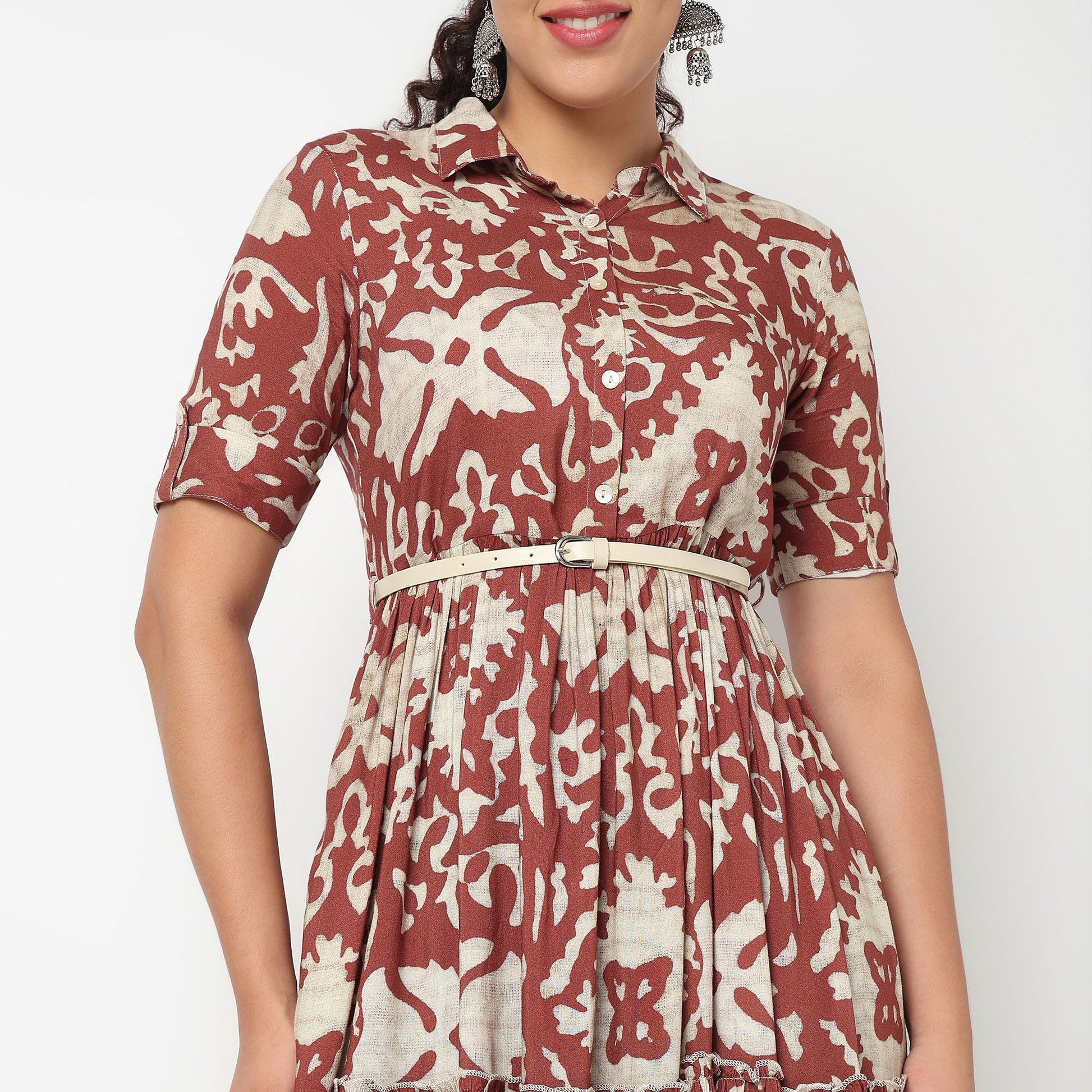 Camp Collar Tiered Floral Dress with Belt