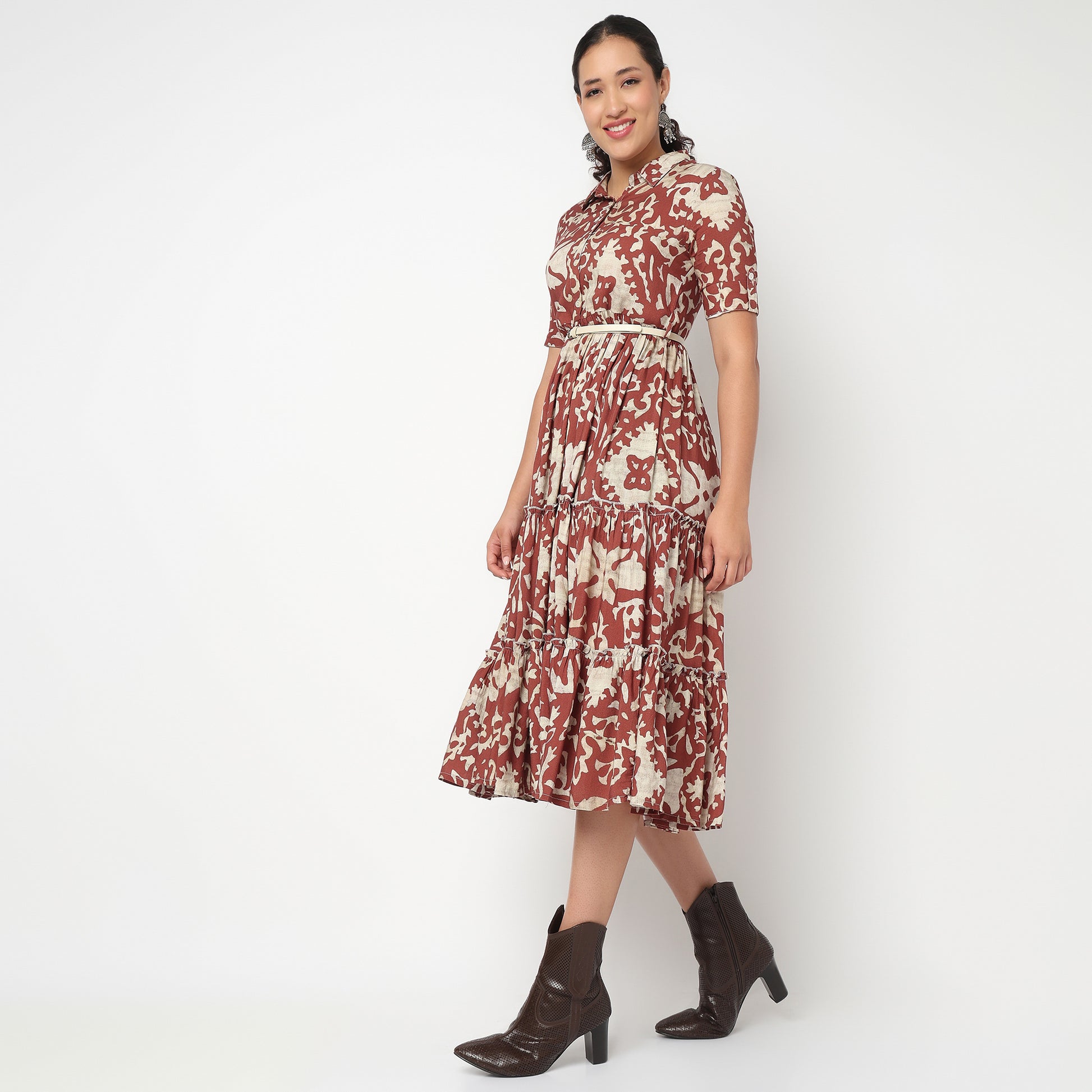 Camp Collar Tiered Floral Dress with Belt
