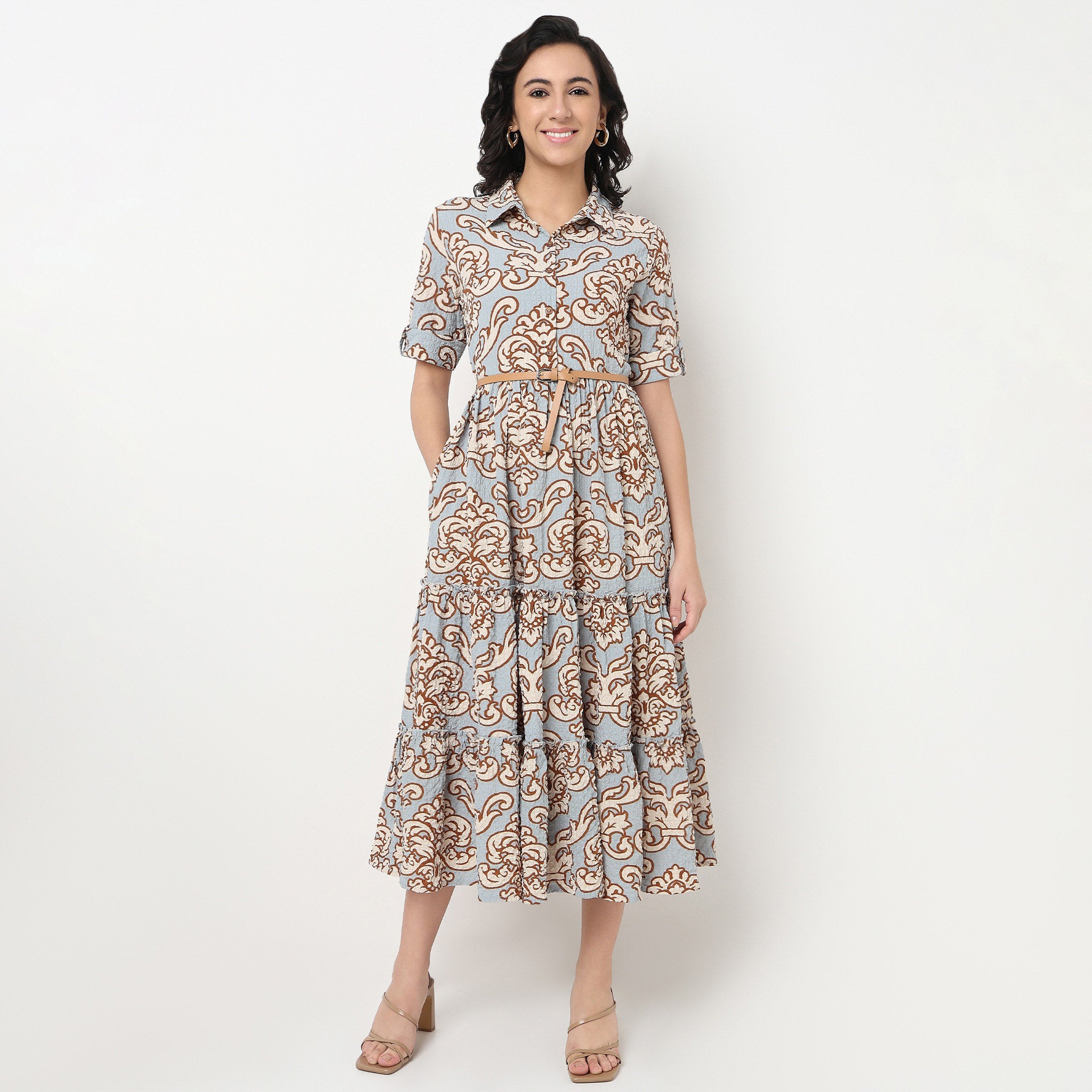 Order Now Women Printed Camp Collar Flared Flare Fit Ethnic Wear Dress by Style Union