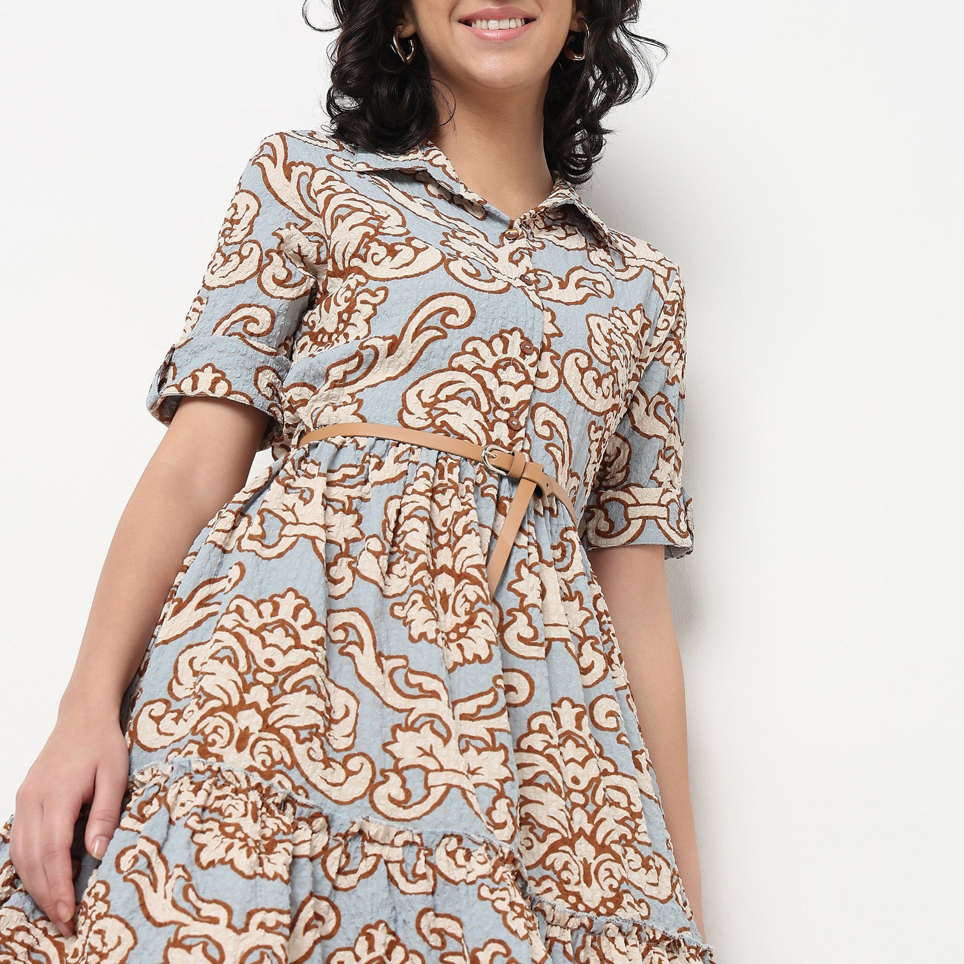 Order Now Women Printed Camp Collar Flared Flare Fit Ethnic Wear Dress by Style Union