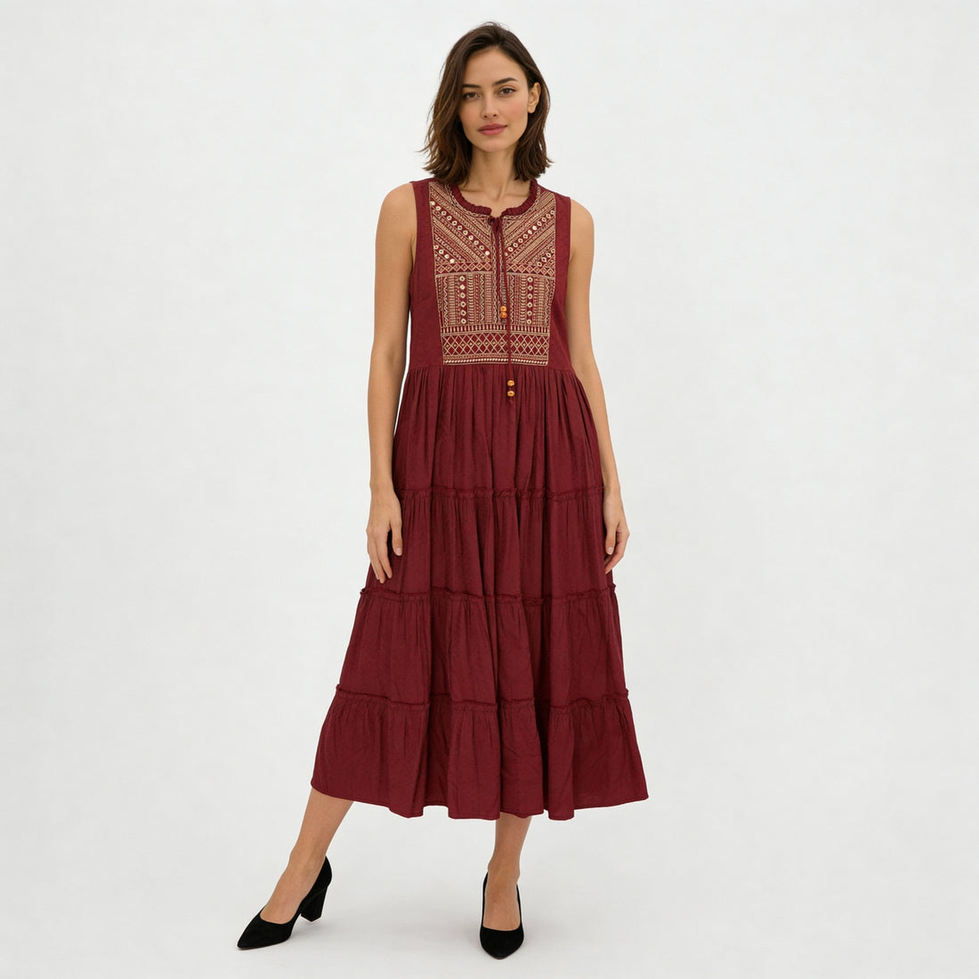 Embroidered Yoke Tiered Dress