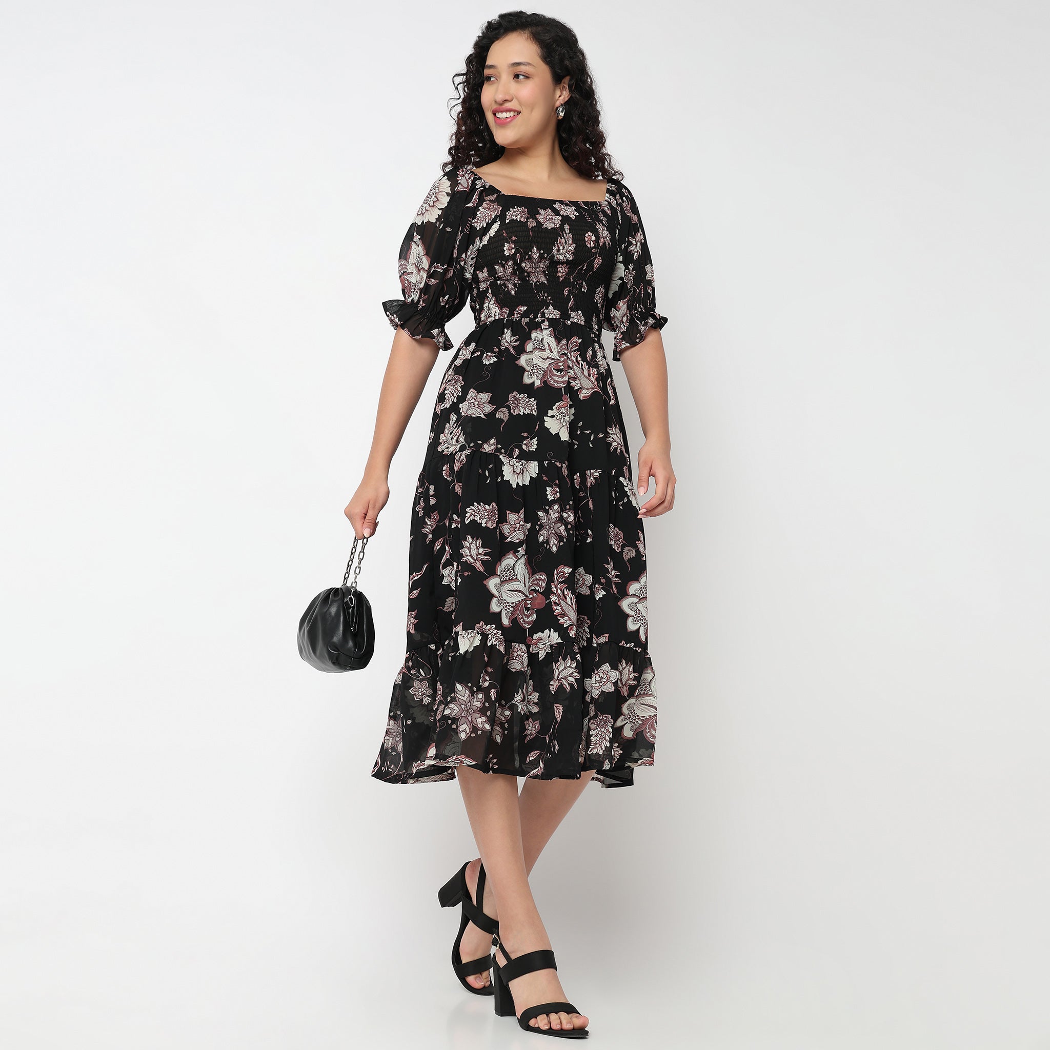 Tiered Floral Dress with Elasticated Sleeve