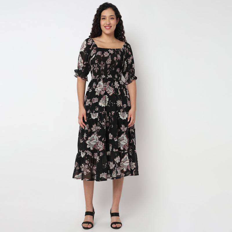 Tiered Floral Dress with Elasticated Sleeve