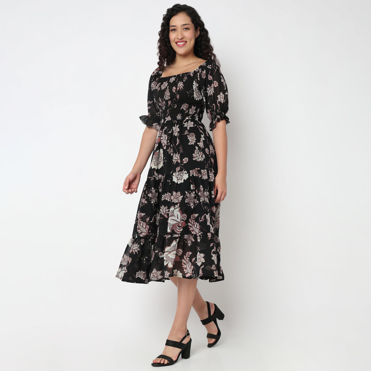 Tiered Floral Dress with Elasticated Sleeve