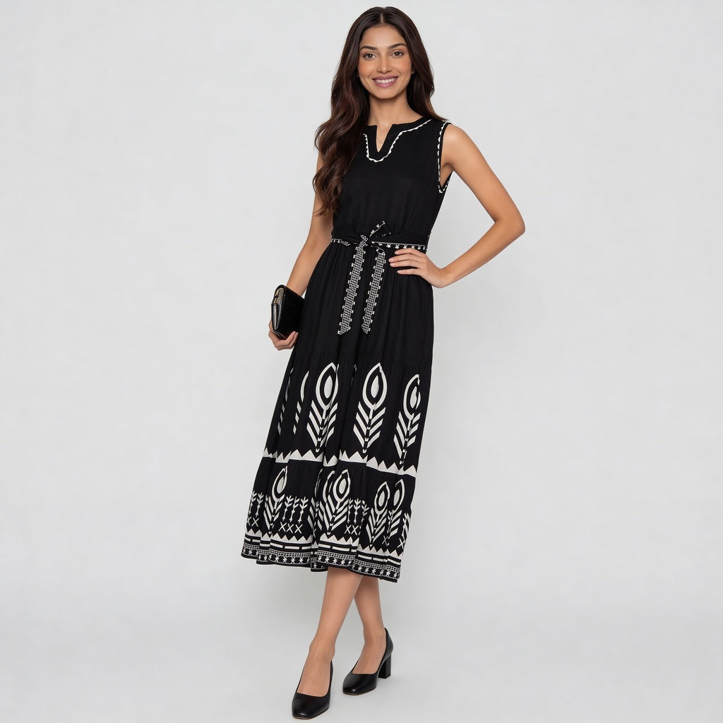 V-Neck Printed Tiered Dress