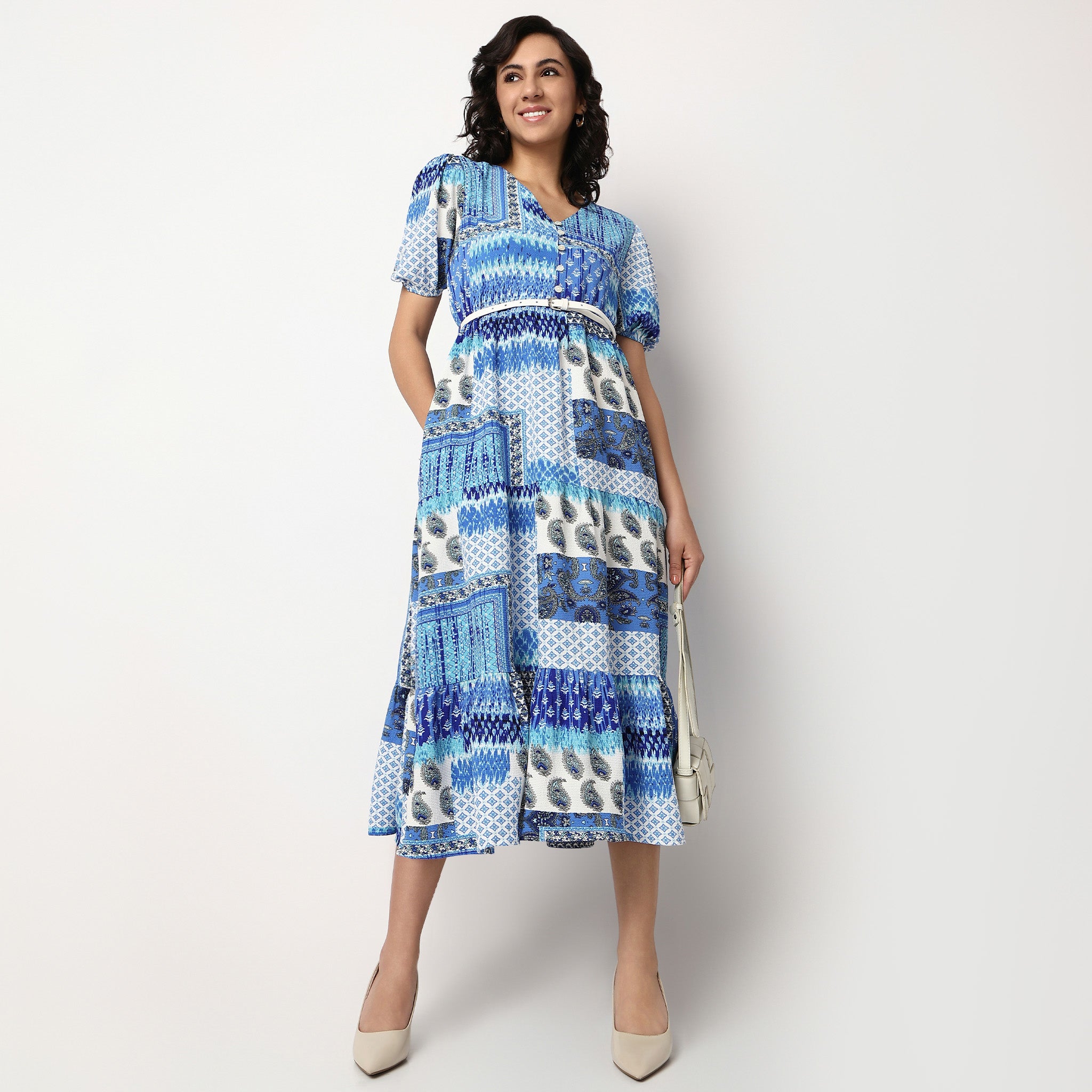 V-Neck Flared Tiered Dress With Belt