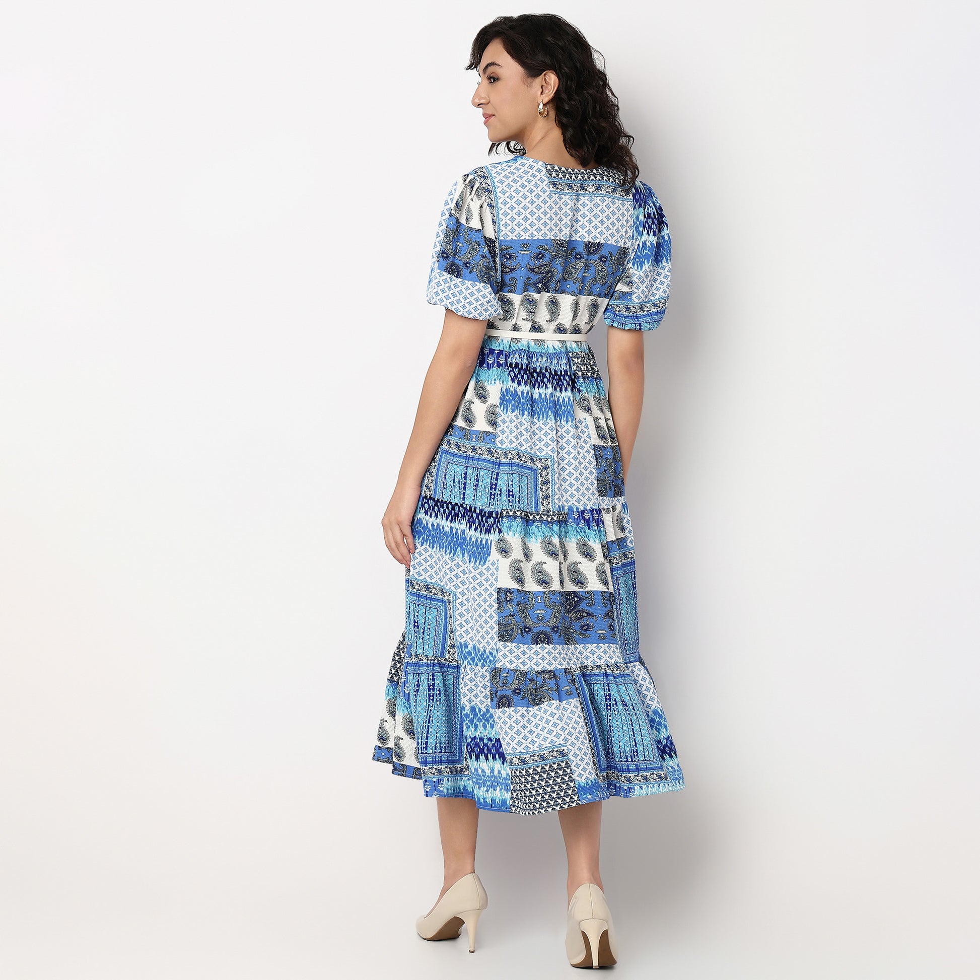 V-Neck Flared Tiered Dress With Belt