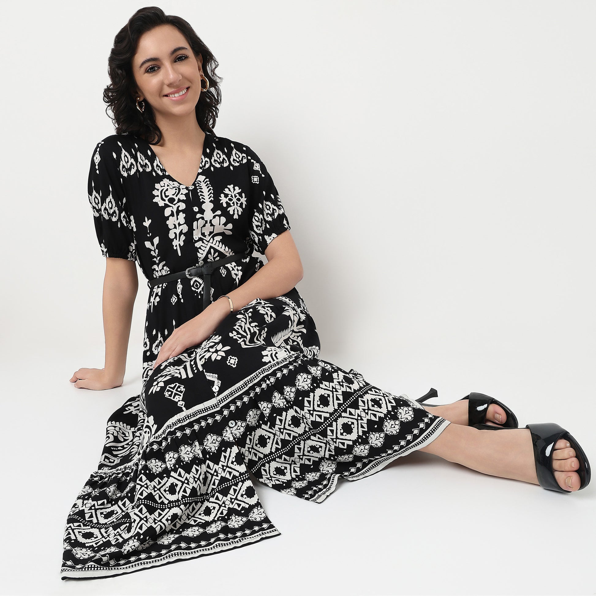 Order Now Women Printed V Neck Flared Flare Fit Ethnic Wear Dress by Style Union