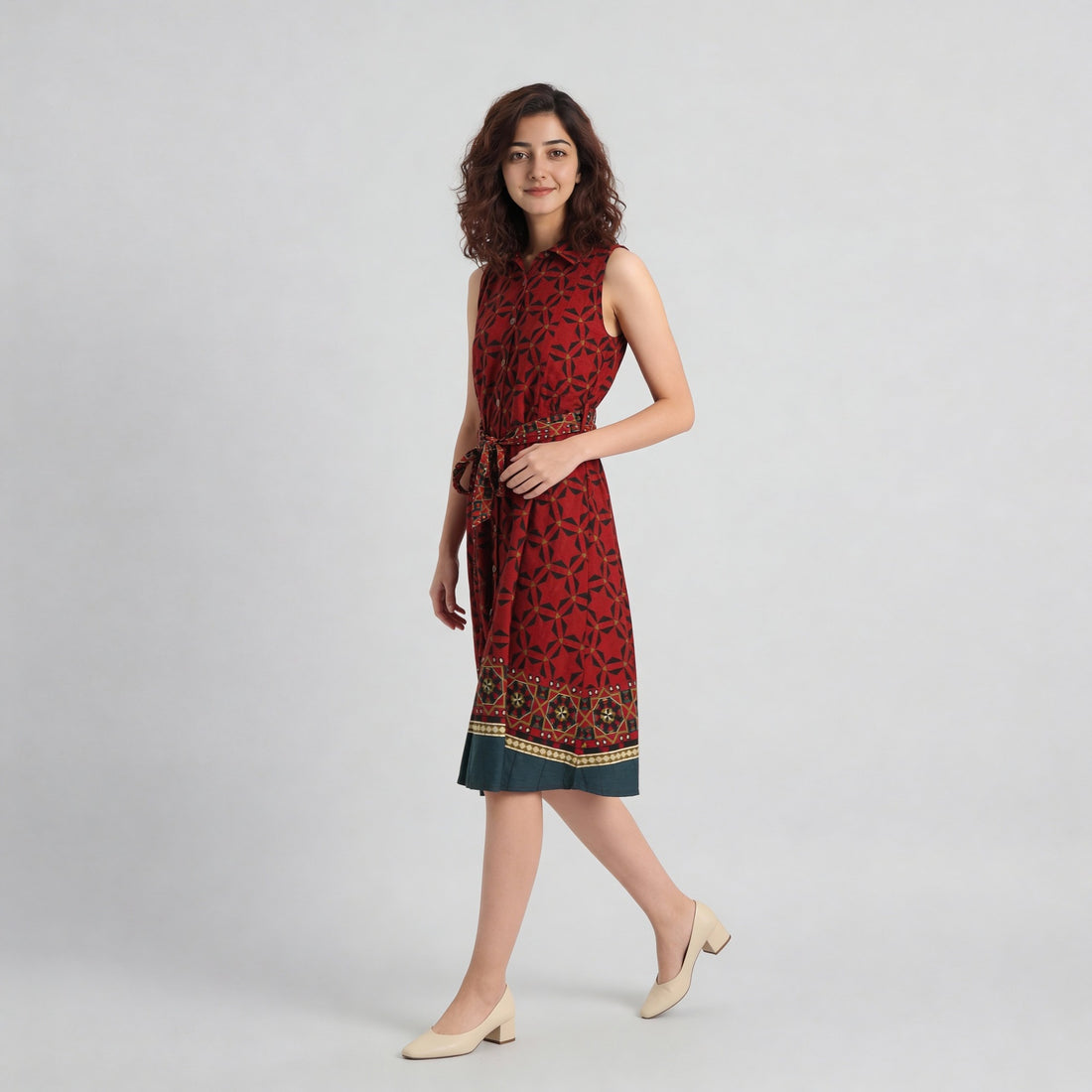 Printed Camp Collar Flared Belted Shirt Dress