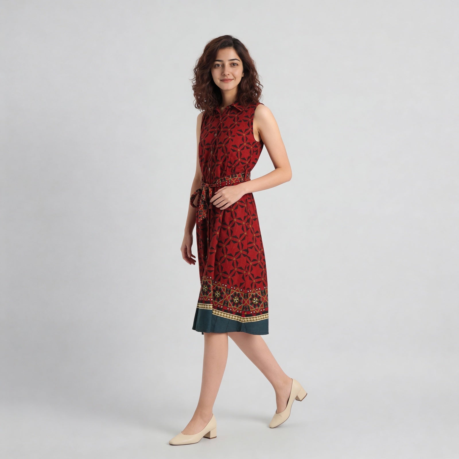 Printed Camp Collar Flared Belted Shirt Dress