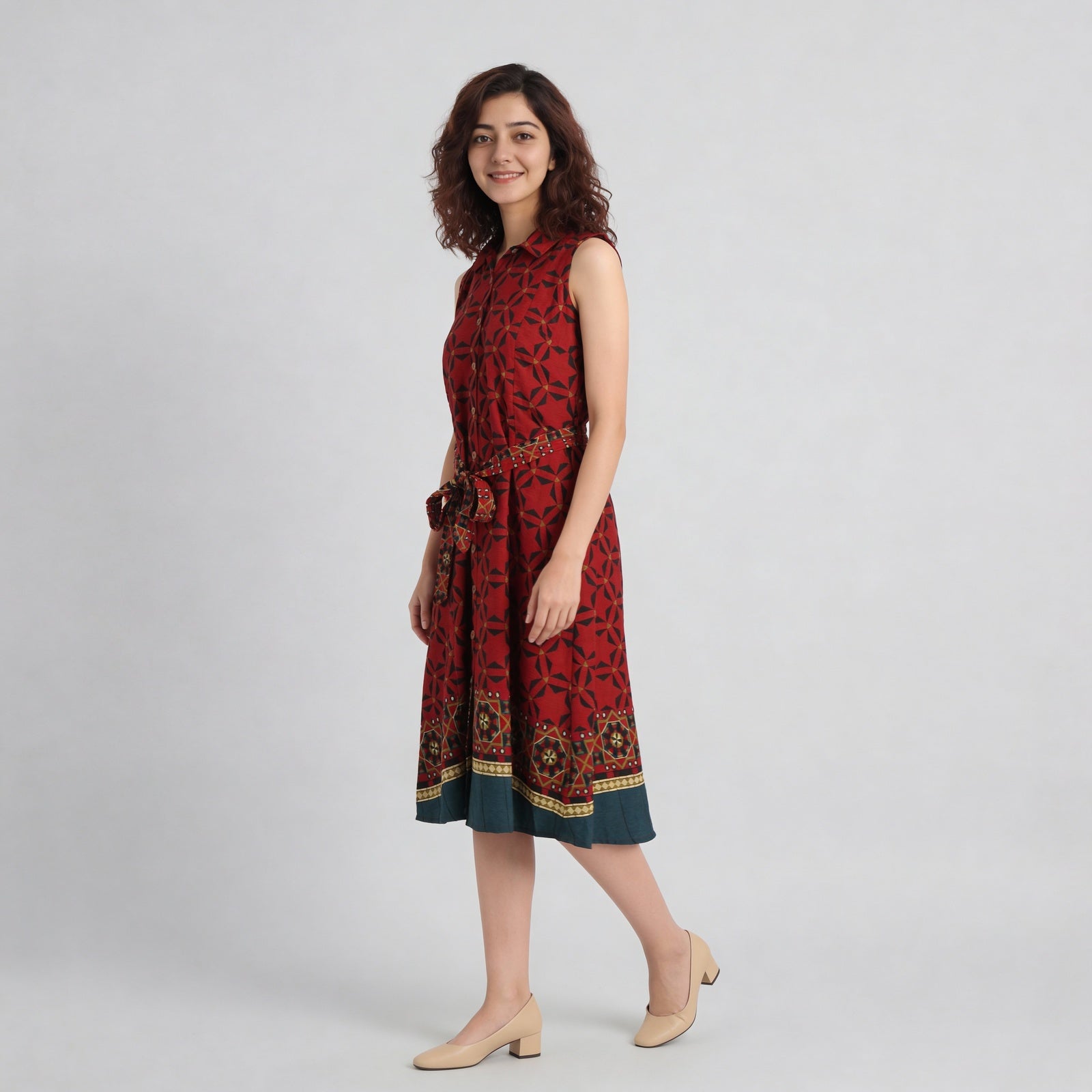 Printed Camp Collar Flared Belted Shirt Dress