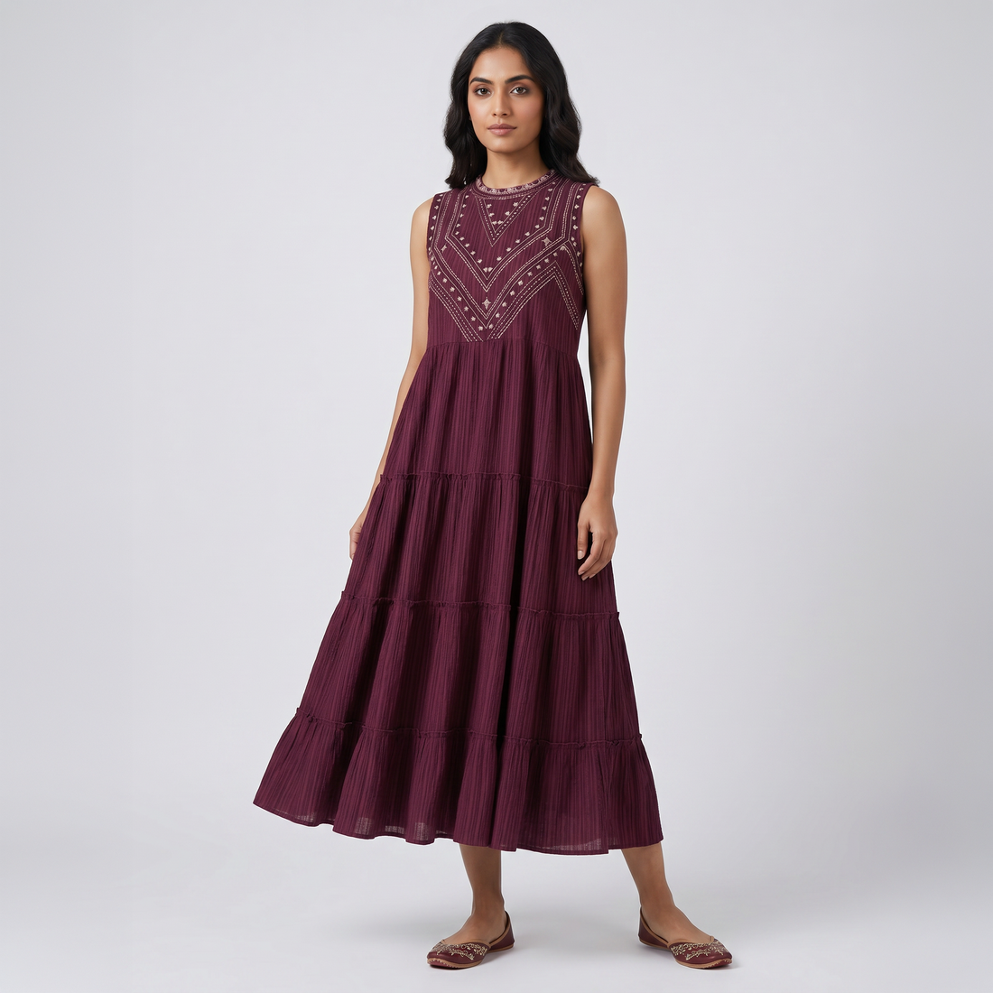 Embroidered Yoke Tiered Dress
