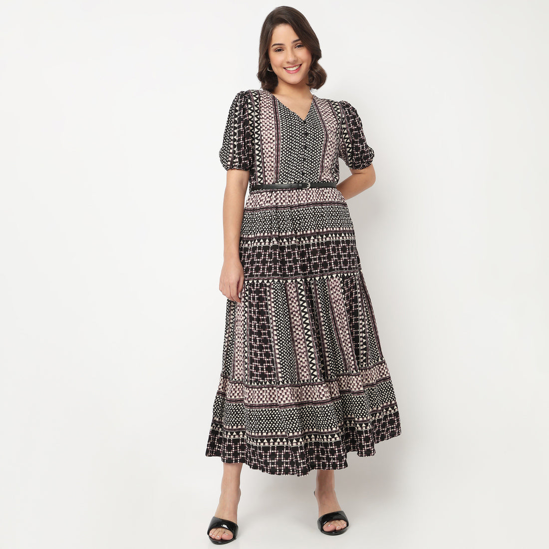 V-Neck Printed Tiered Dress