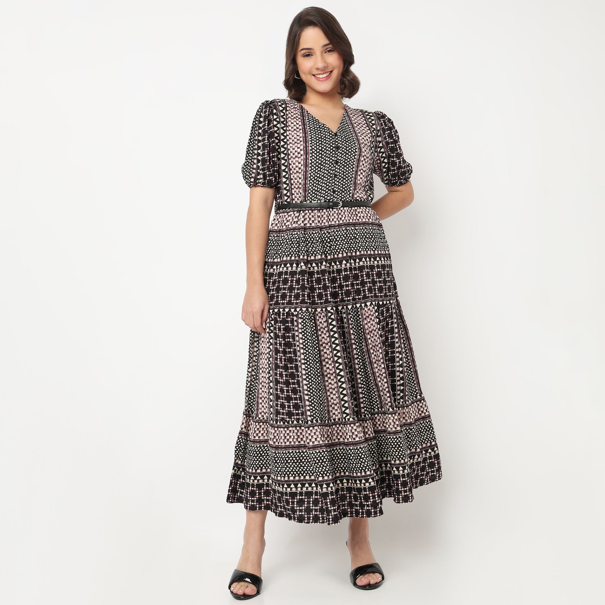 V-Neck Printed Tiered Dress