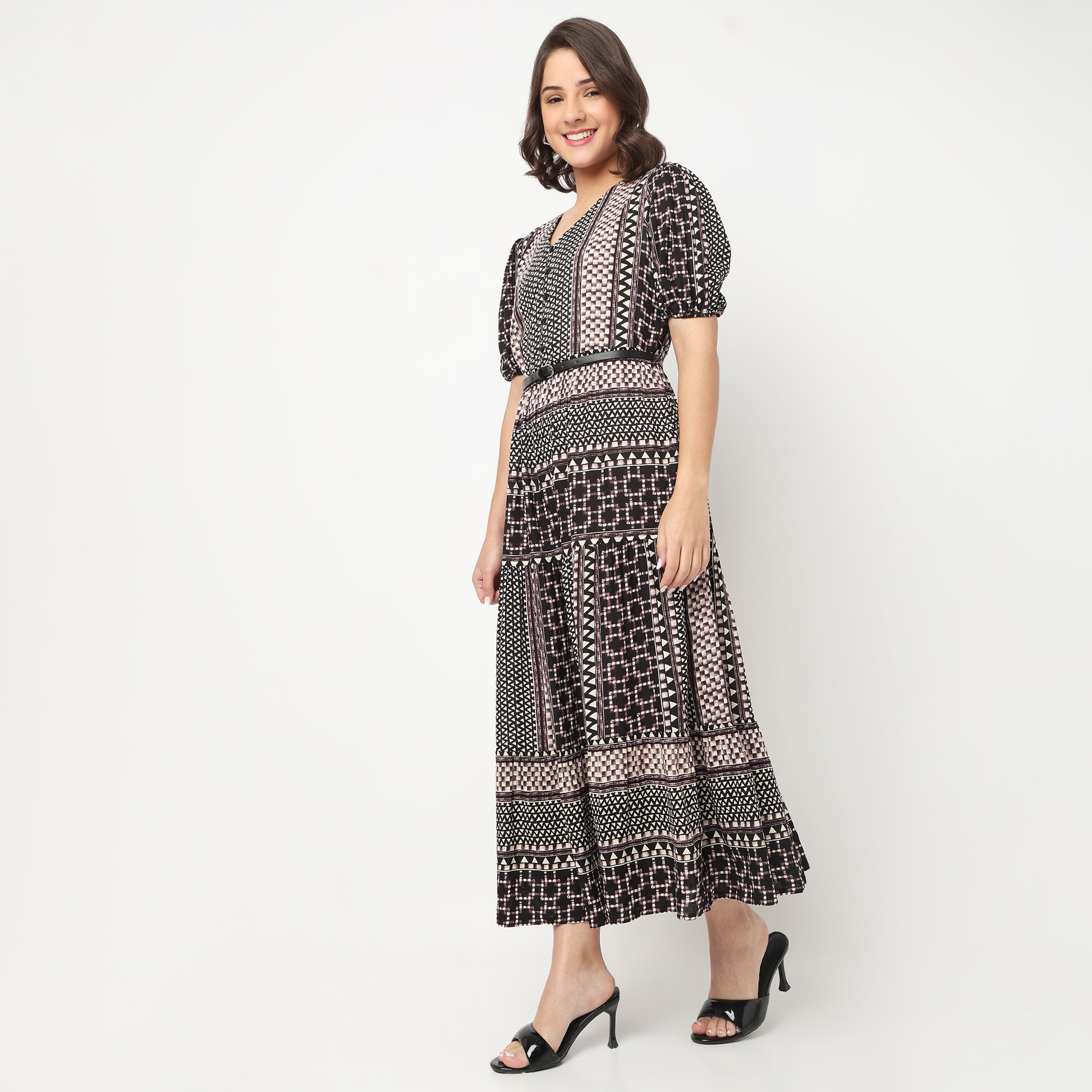 V-Neck Printed Tiered Dress
