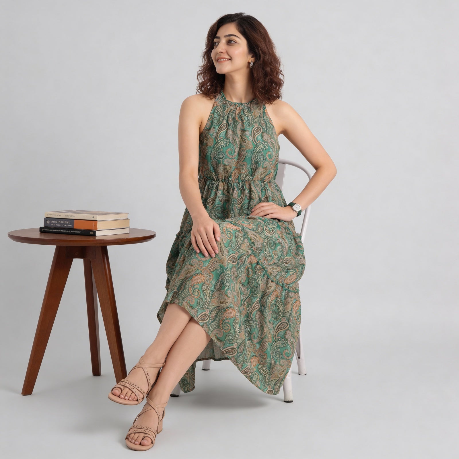 Printed High Neck Smocked Tiered Dress