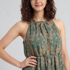 Printed High Neck Smocked Tiered Dress