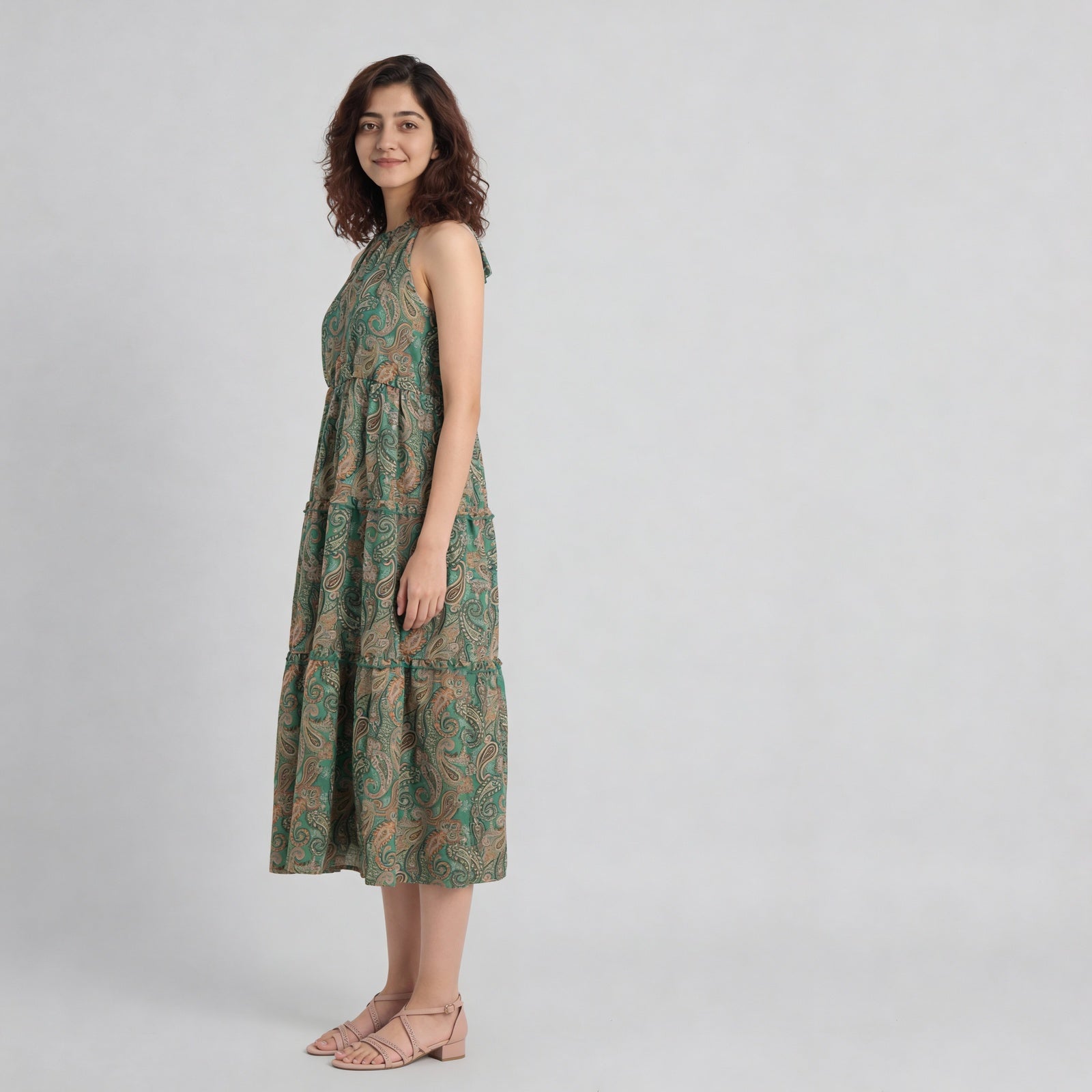Printed High Neck Smocked Tiered Dress