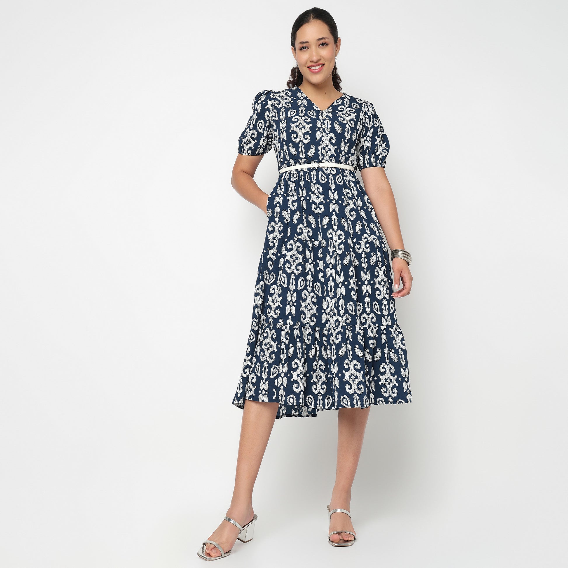 V Neck Tiered Dress with Belt