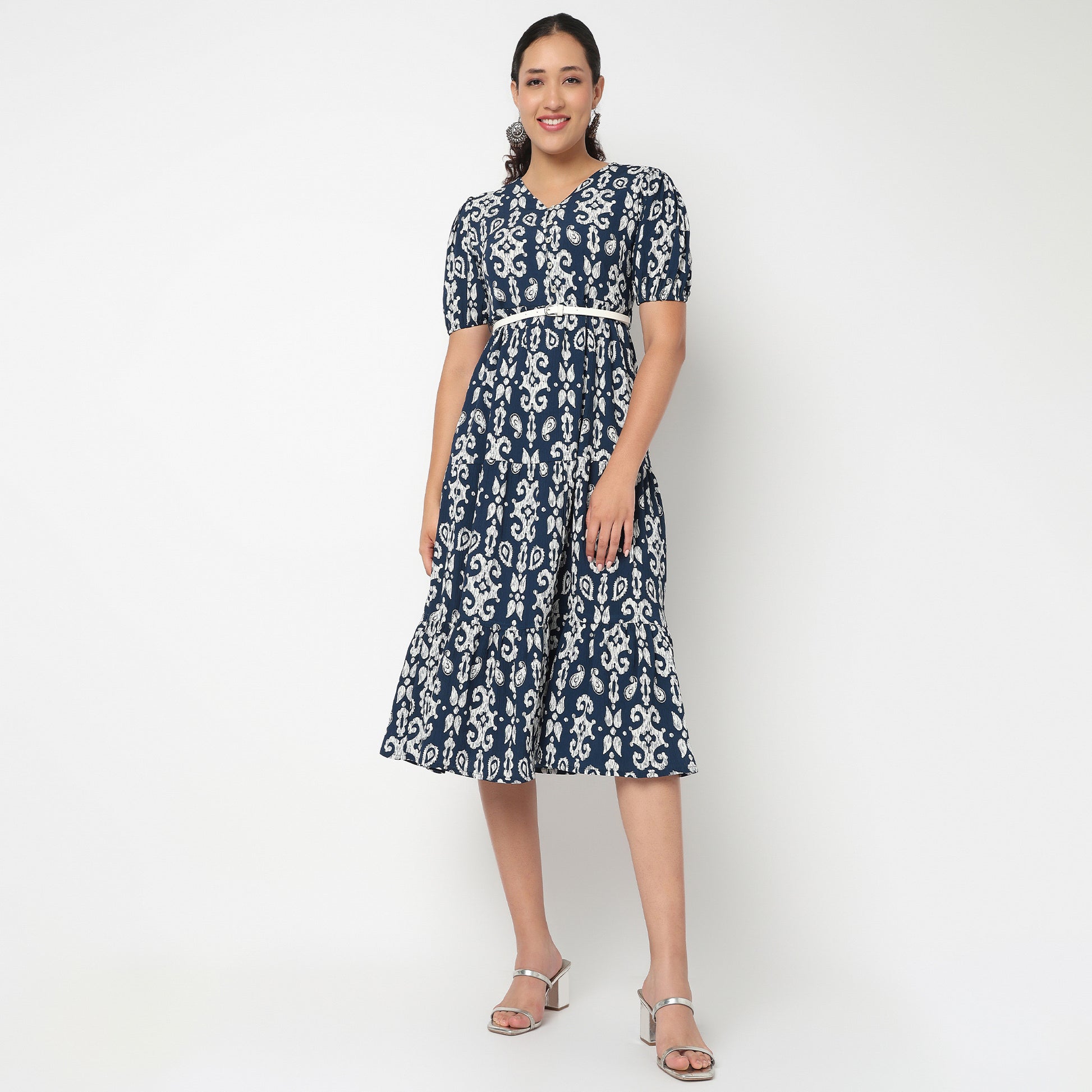 V Neck Tiered Dress with Belt