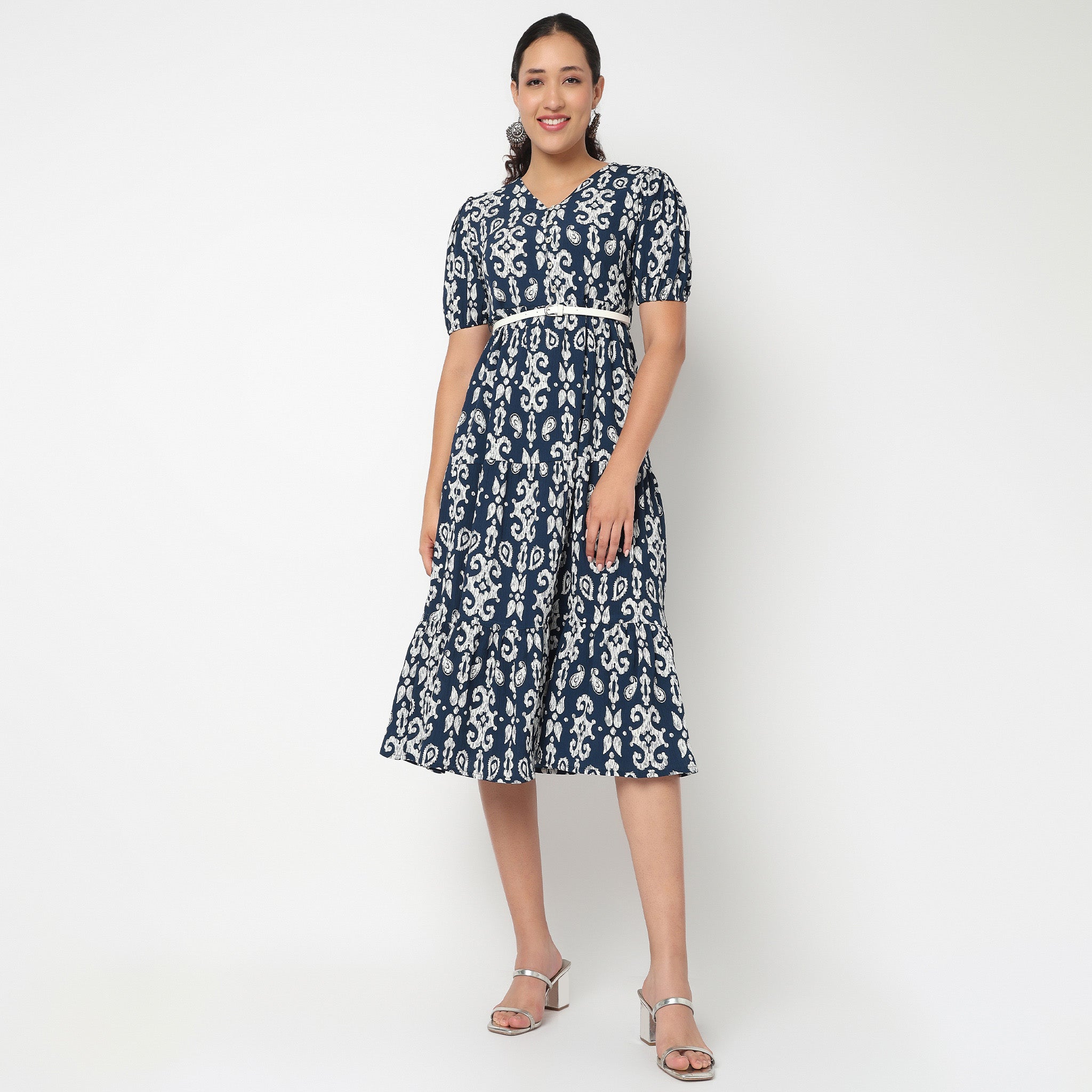 V Neck Tiered Dress with Belt