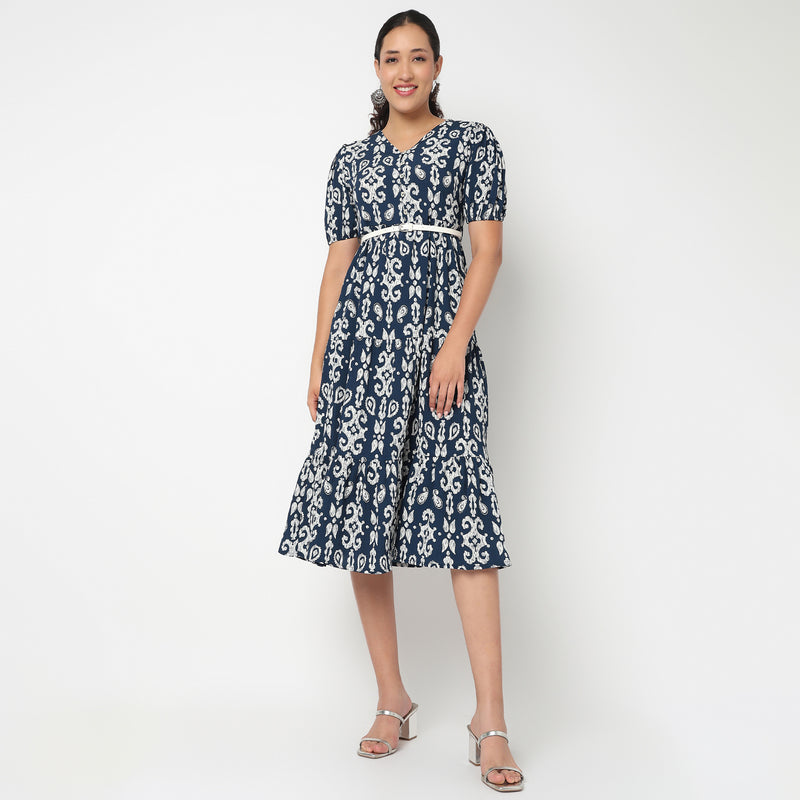 V Neck Tiered Dress with Belt