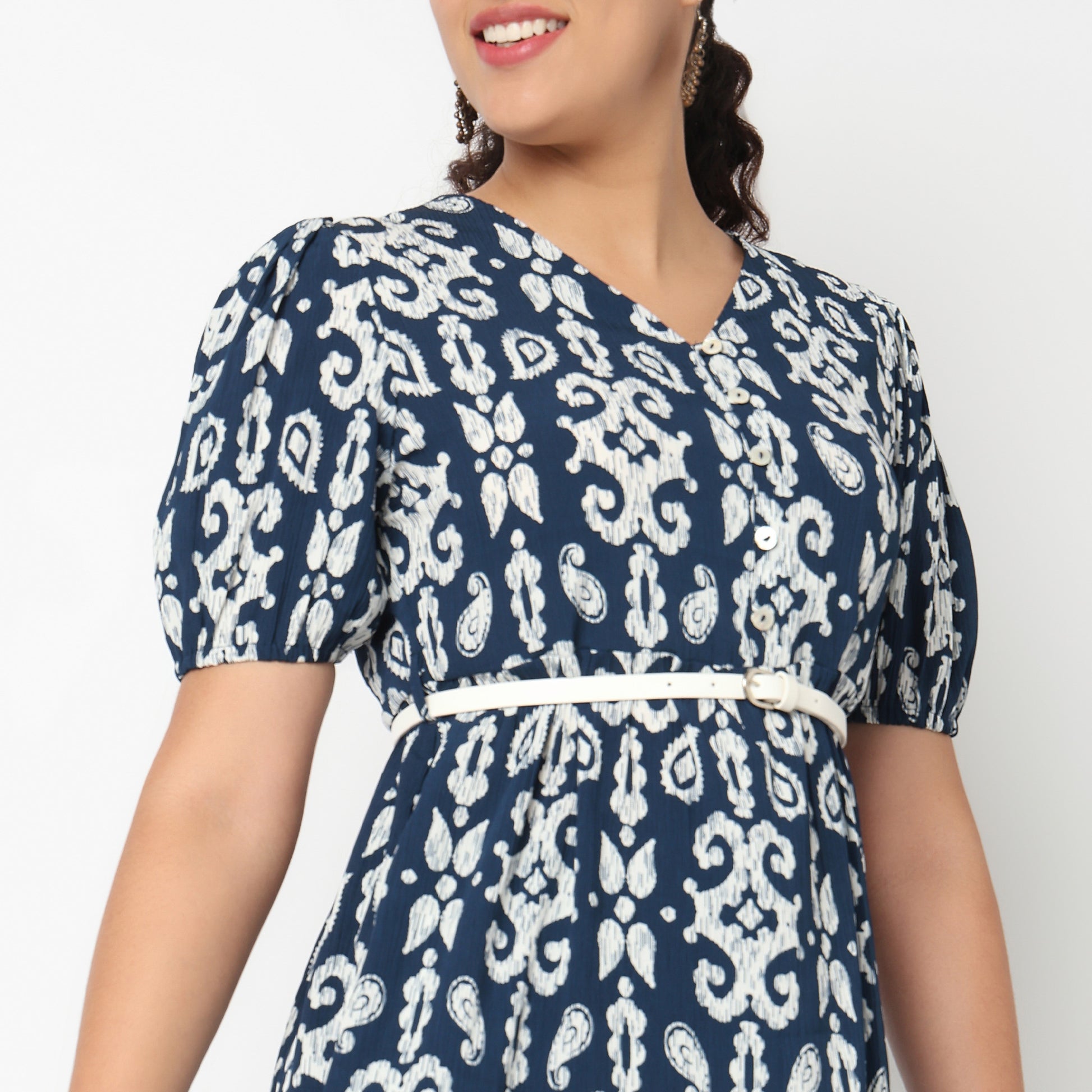 V Neck Tiered Dress with Belt