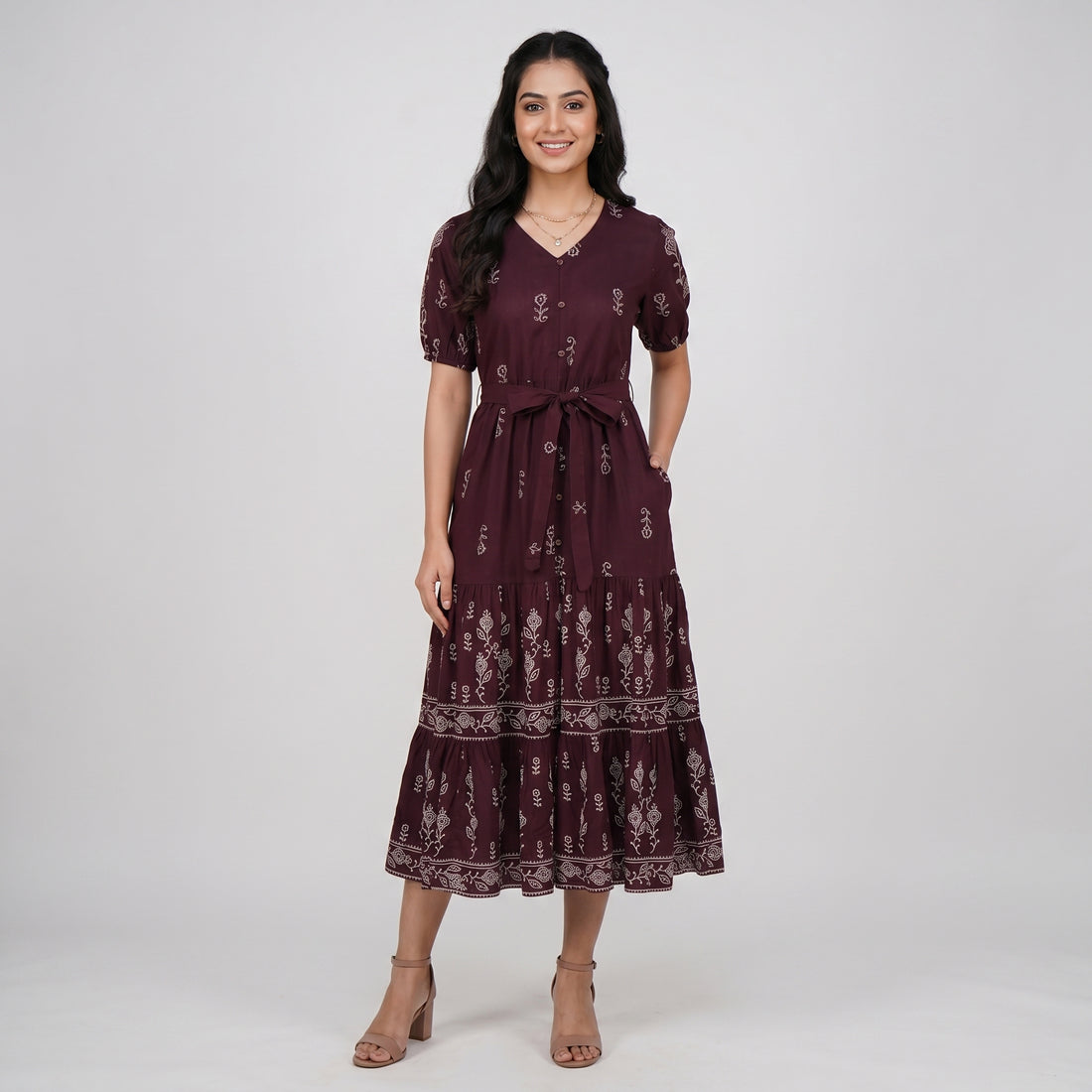 Embroidered V-Neck Tiered Dress