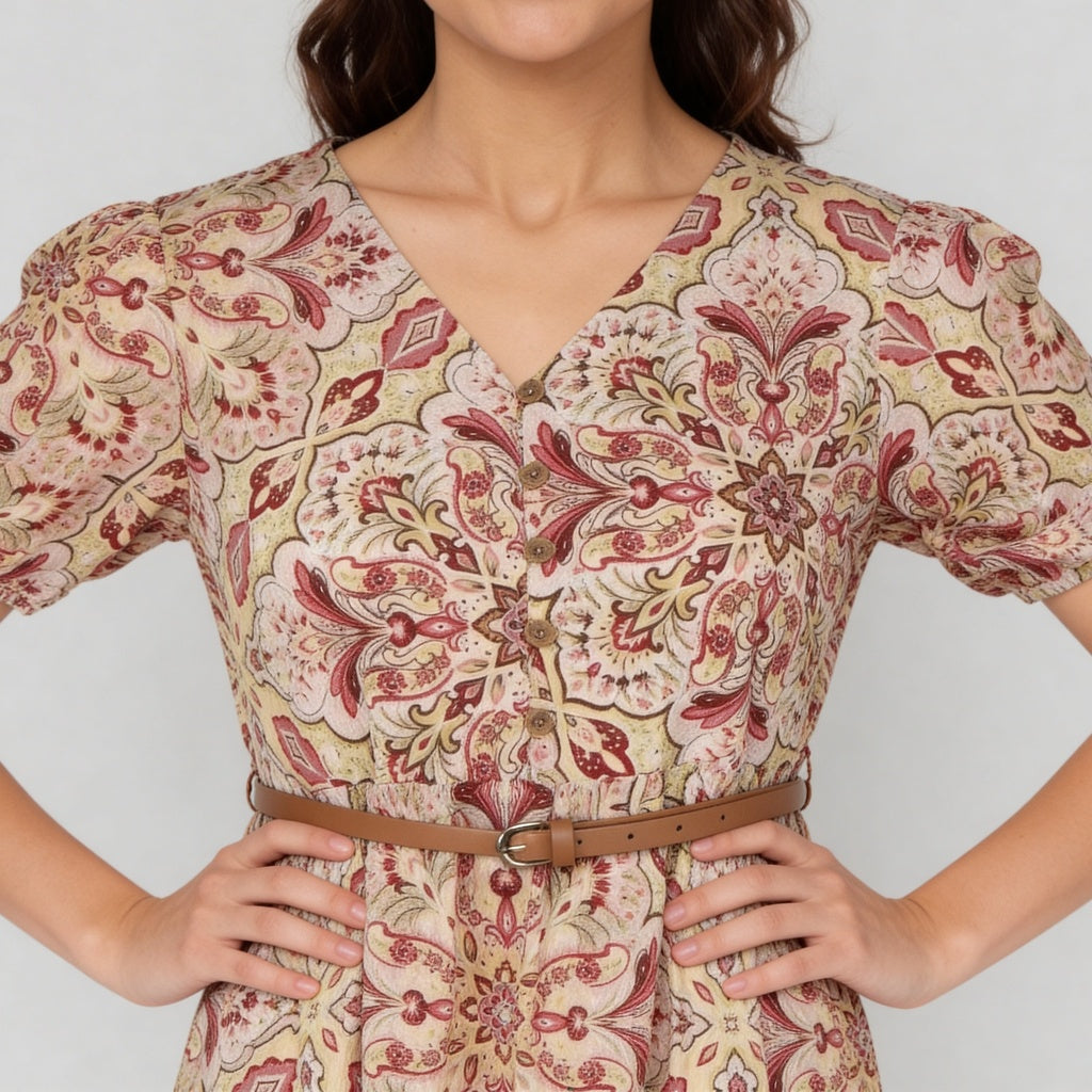 Printed V-Neck Tiered Dress