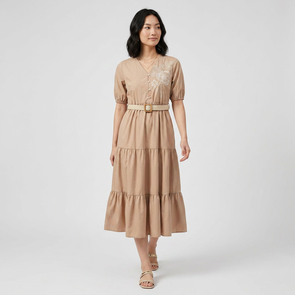 Embroidered Tiered Shirt Dress