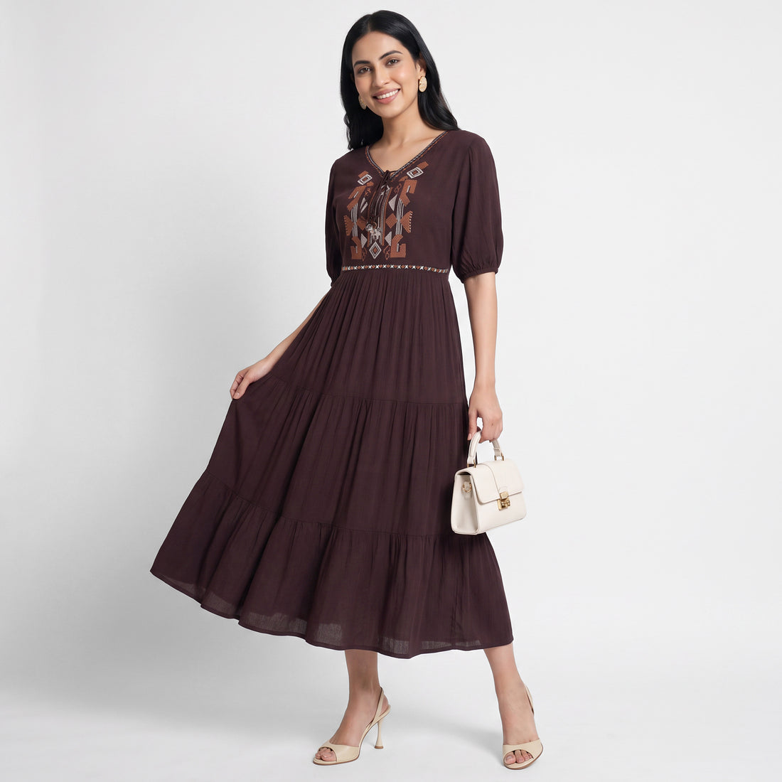 Embroidered V-Neck Flared Dress