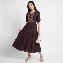 Embroidered V-Neck Flared Dress
